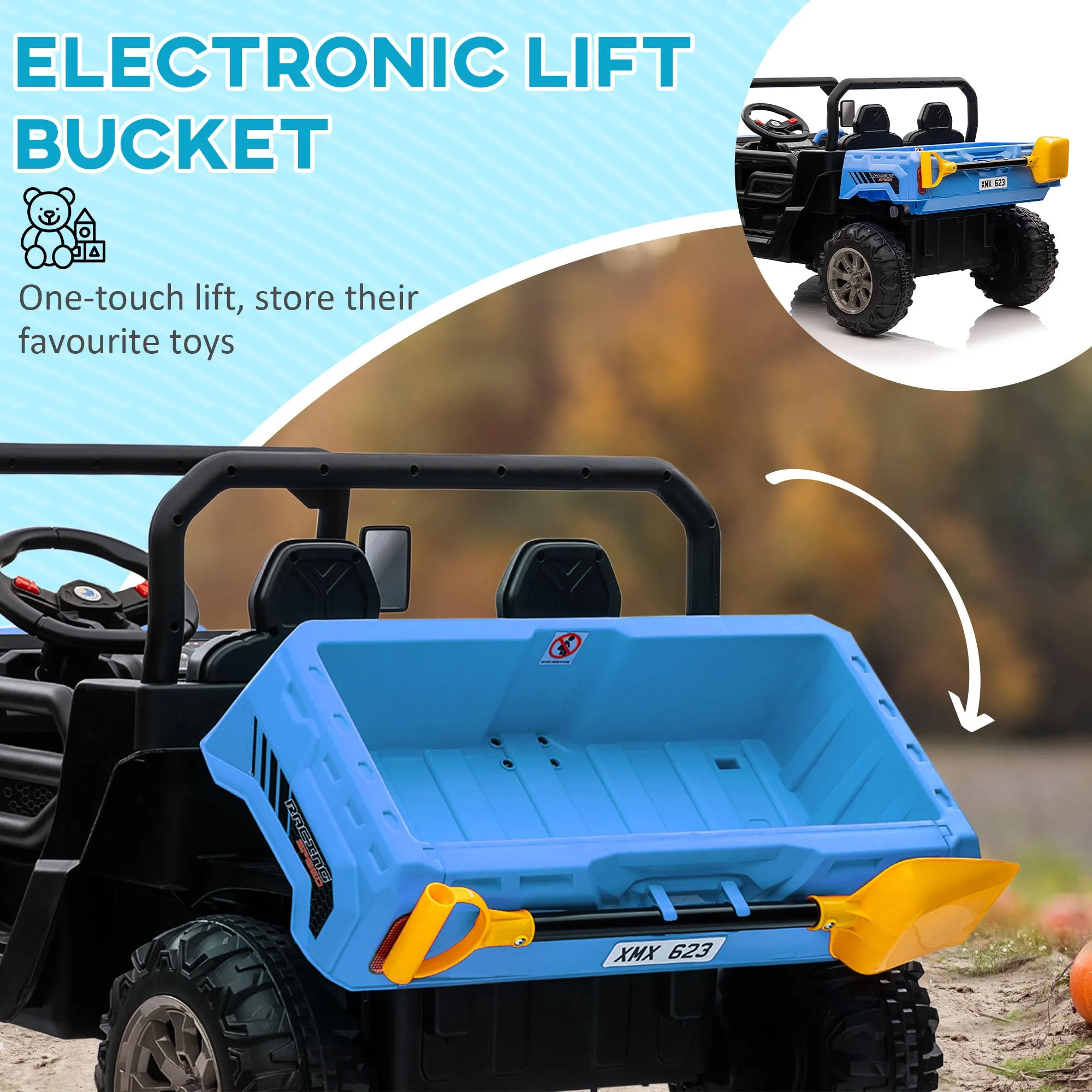 12V Two-Seater Kids Electric Ride-On Car w/ Electric Bucket - Blue