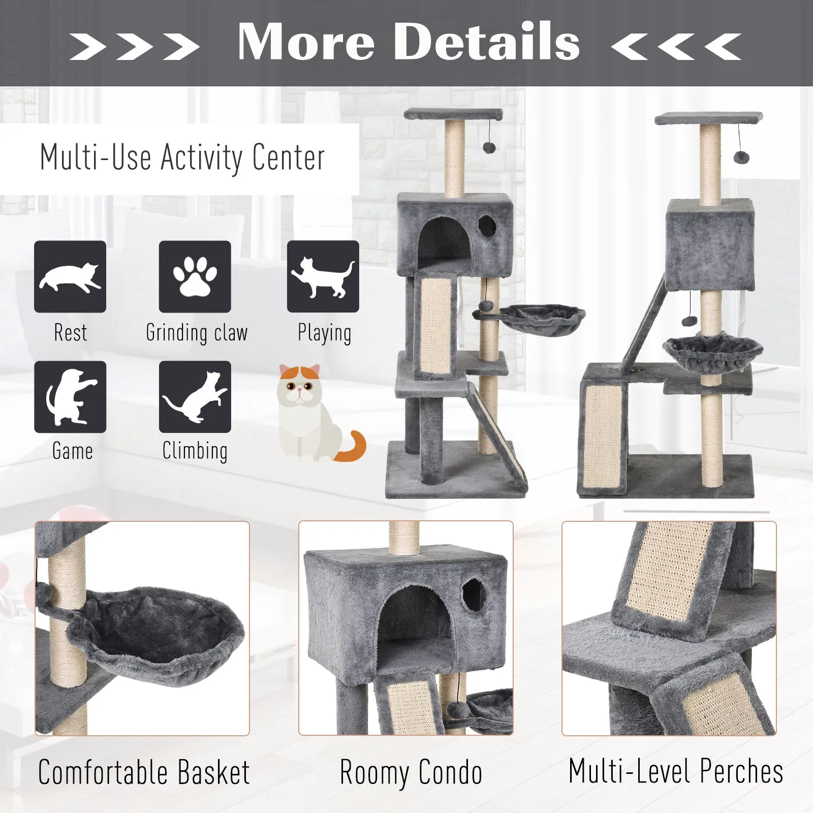 130cm Cat Tree for Indoor Cats Activity Center with Condo Scratching Post Ladders Kitty Climbing Tower Relaxing Playing