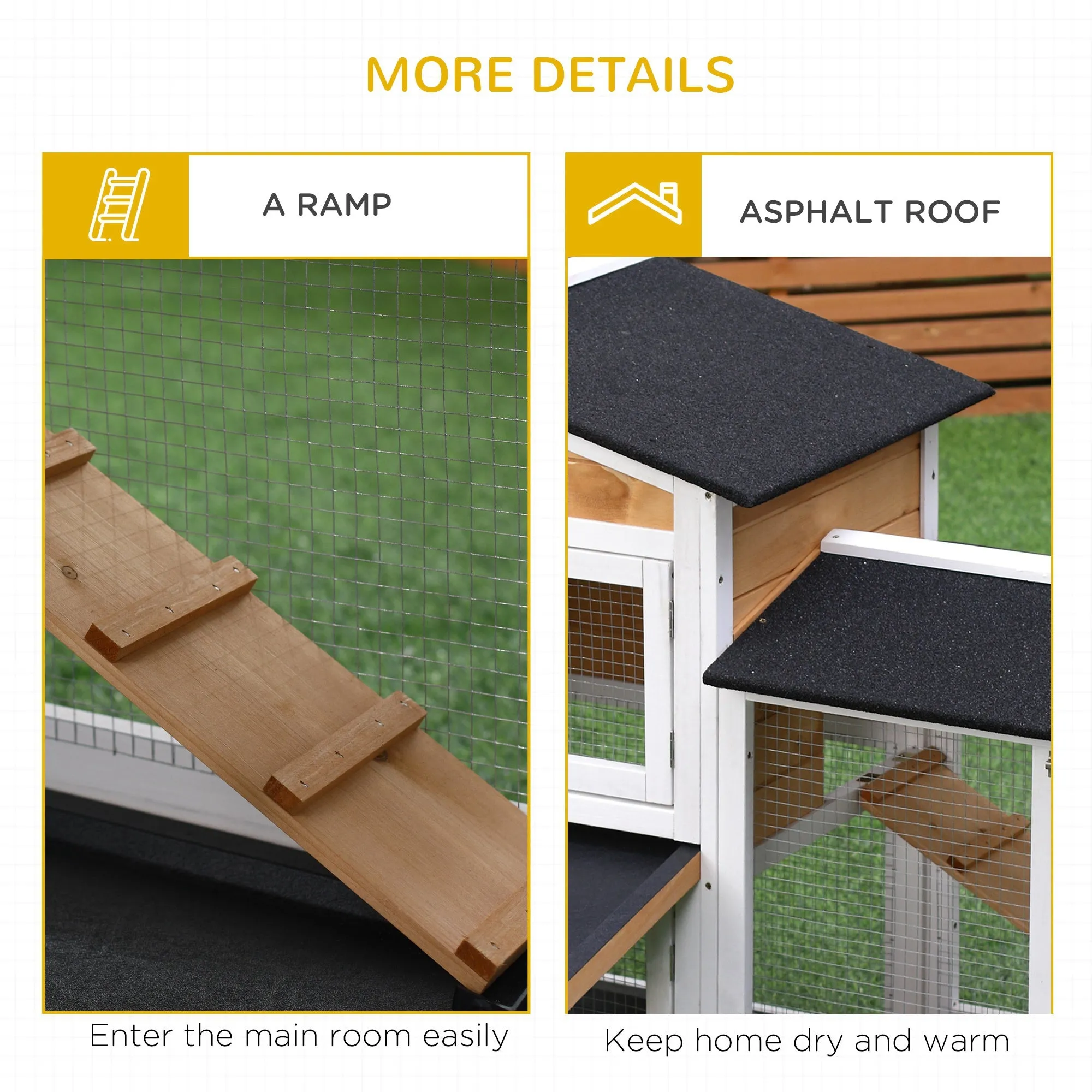 2-Tier Rabbit Hutch Wooden Guinea Pig House Pet Cage Outdoor w/ Sliding-out Tray Ramp, 157.4x53x93.5cm, Yellow