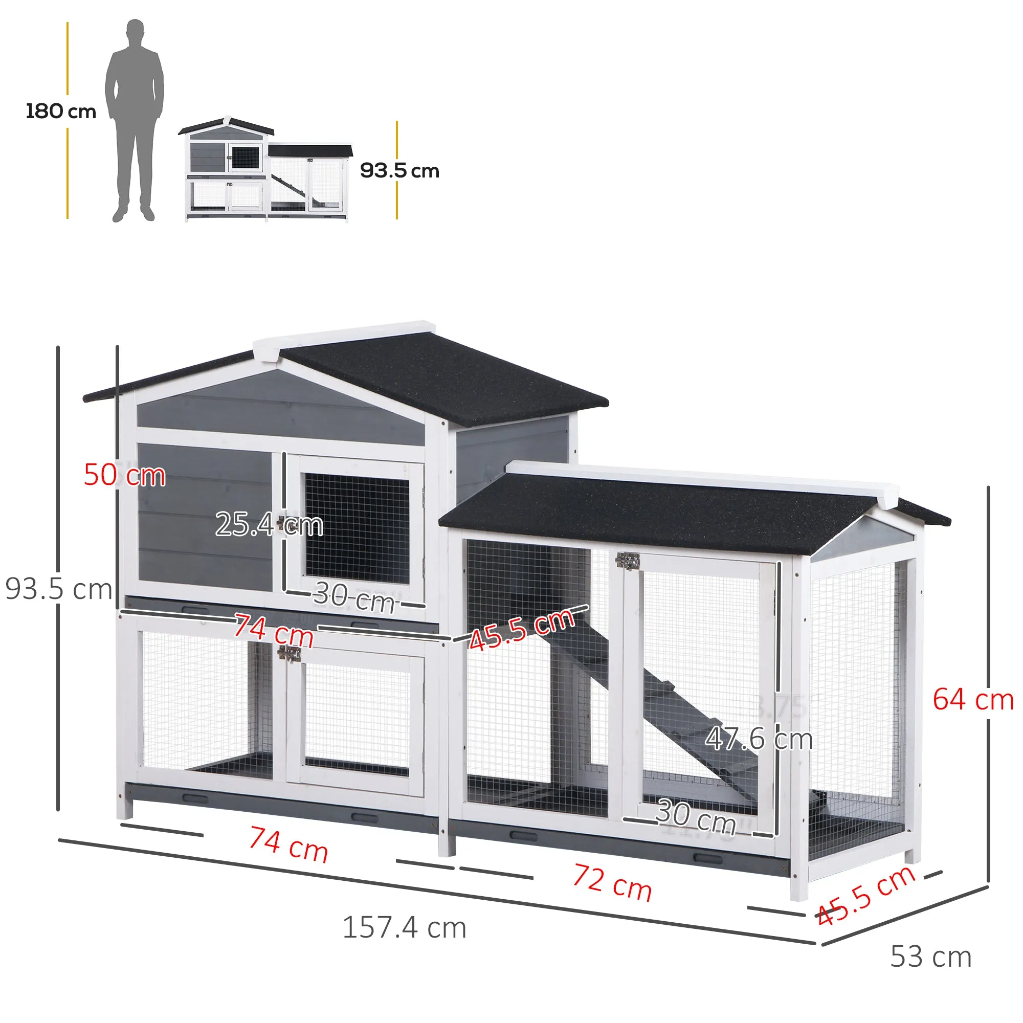 2-Tier Wooden Rabbit Hutch Guinea Pig House Pet Cage Outdoor w/ Tray Ramp