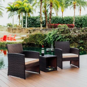 3 Piece Patio Furniture Wicker Conversation Set- Brown Wicker and Beige