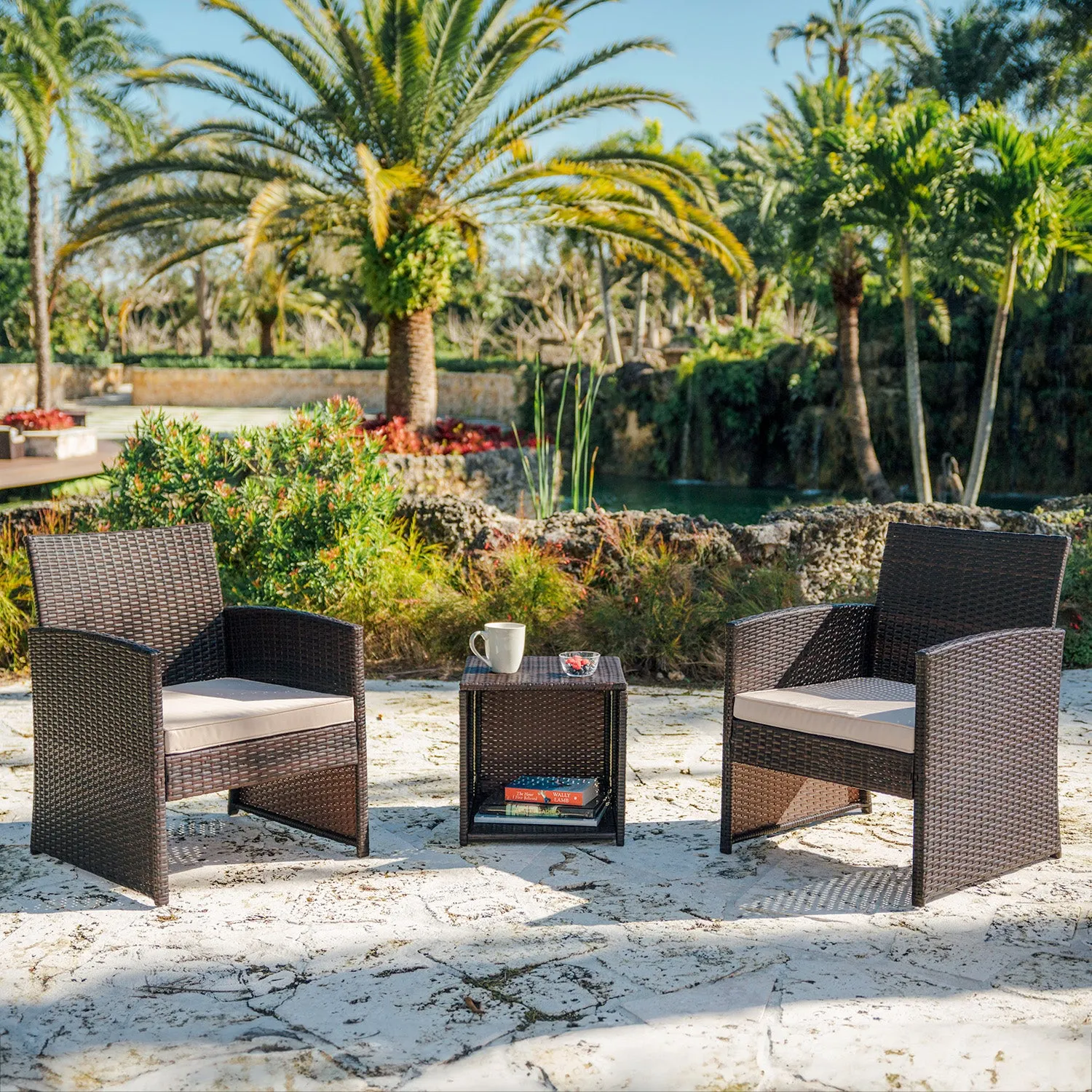 3 Piece Patio Furniture Wicker Conversation Set- Brown Wicker and Beige