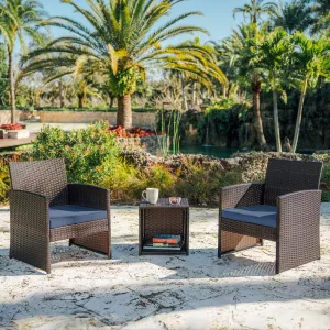 3 Piece Patio Furniture Wicker Conversation Set- Brown wicker and Navy Blue