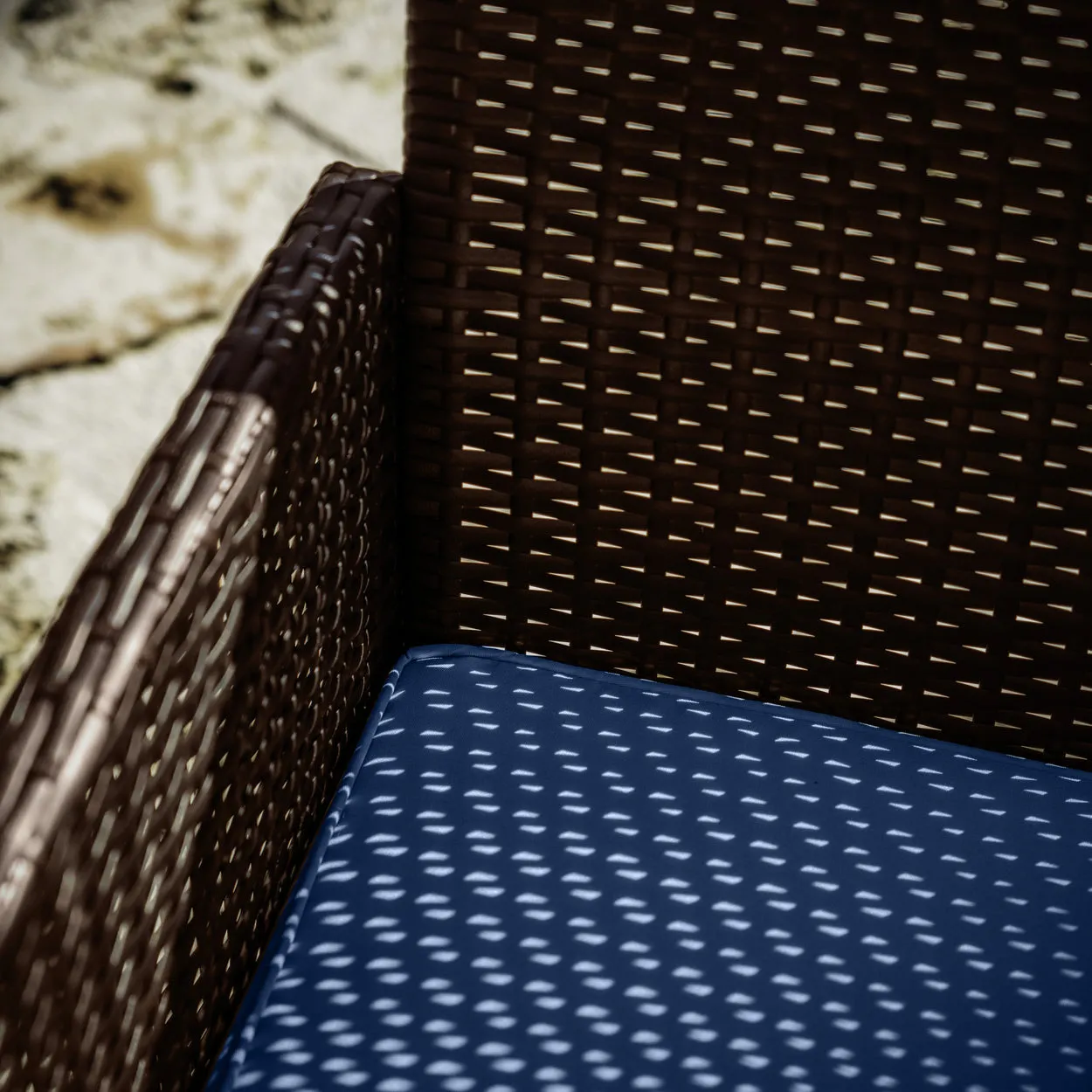 3 Piece Patio Furniture Wicker Conversation Set- Brown wicker and Navy Blue