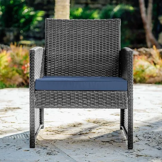 3 Piece Patio Furniture Wicker Conversation Set- Grey Wicker and Navy Blue