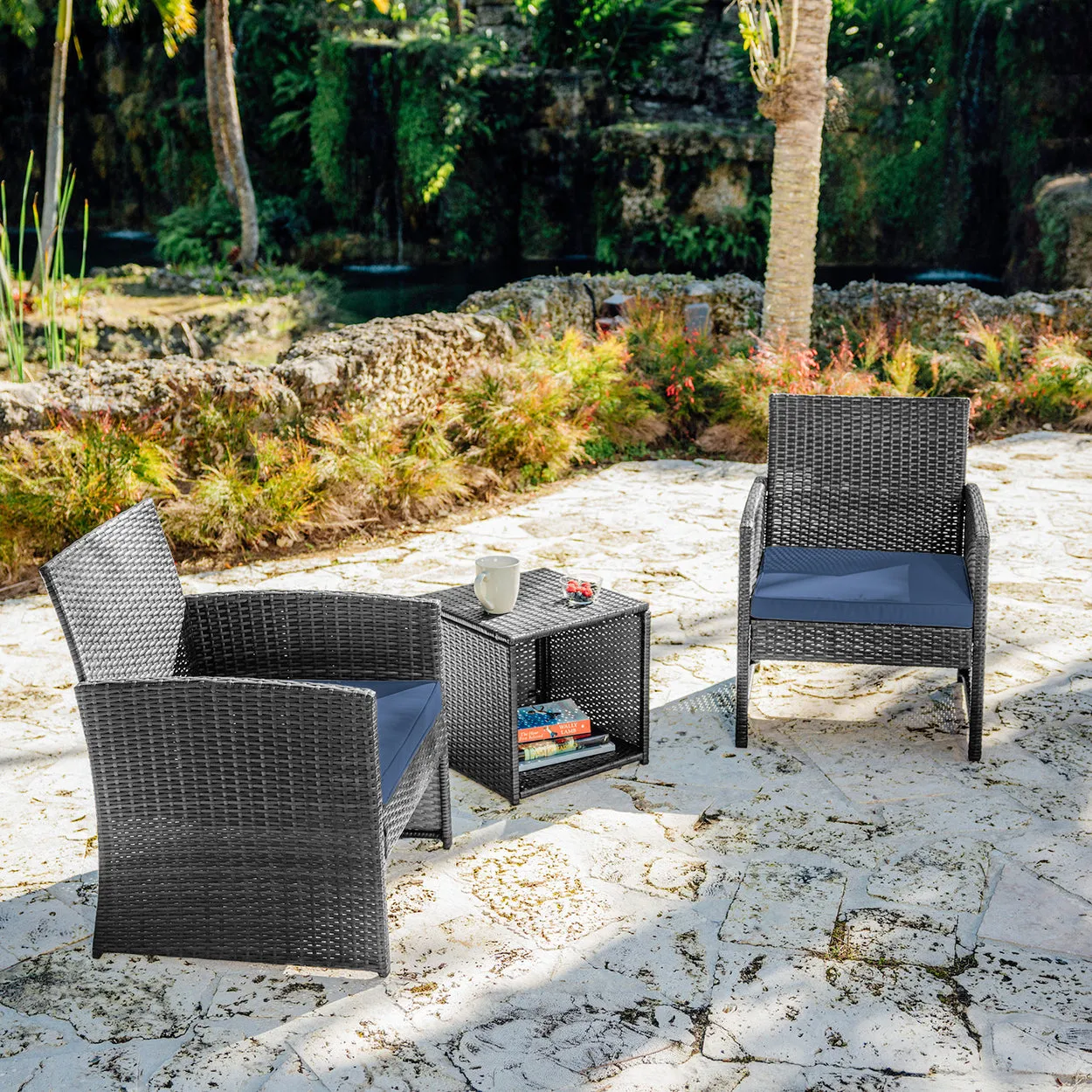 3 Piece Patio Furniture Wicker Conversation Set- Grey Wicker and Navy Blue