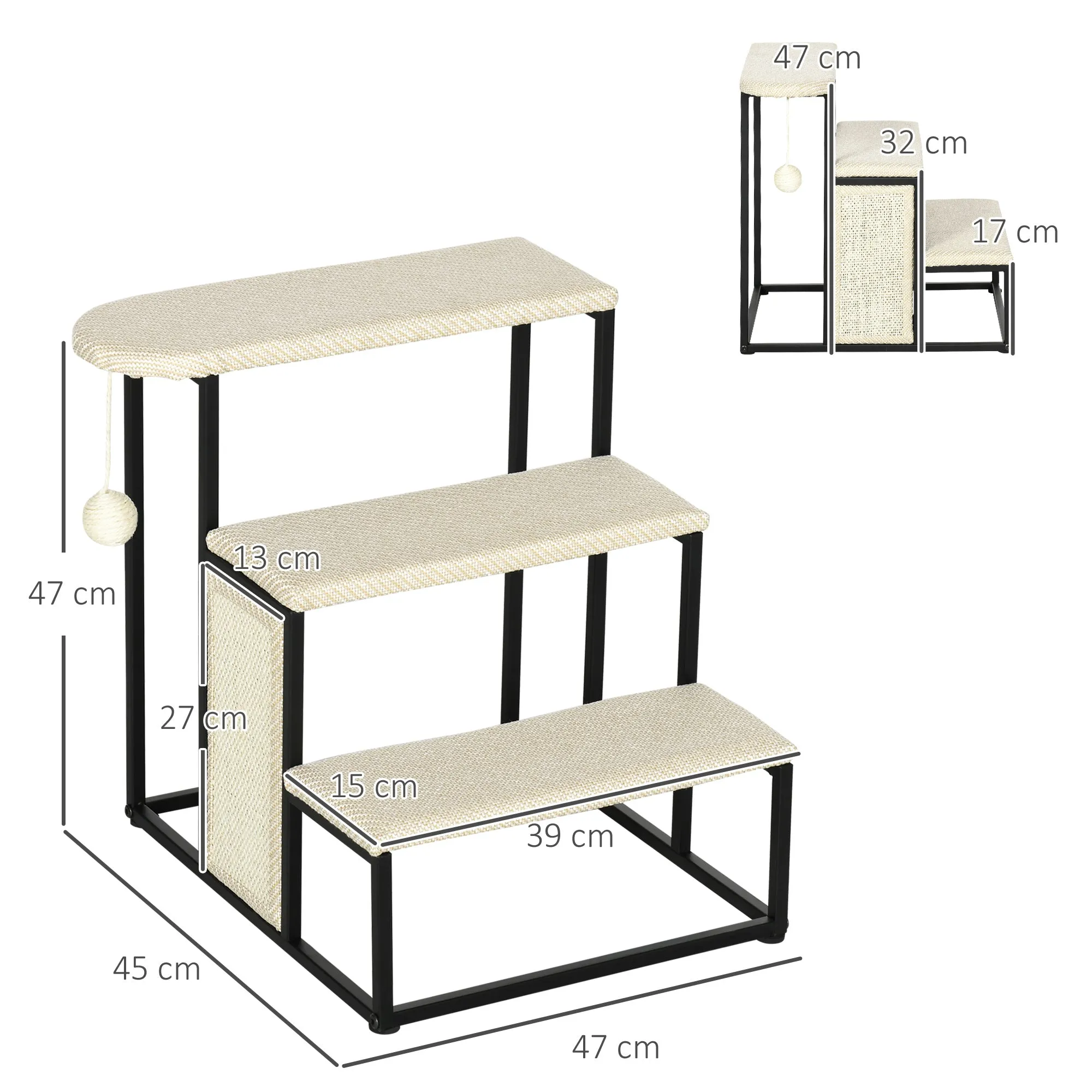 3 Steps Dog Stairs, Pet Steps for Cat for Sofa and Bed with Sisal Scratching Board, Hanging Toy Ball, 47 x 45 x 47cm - Cream White