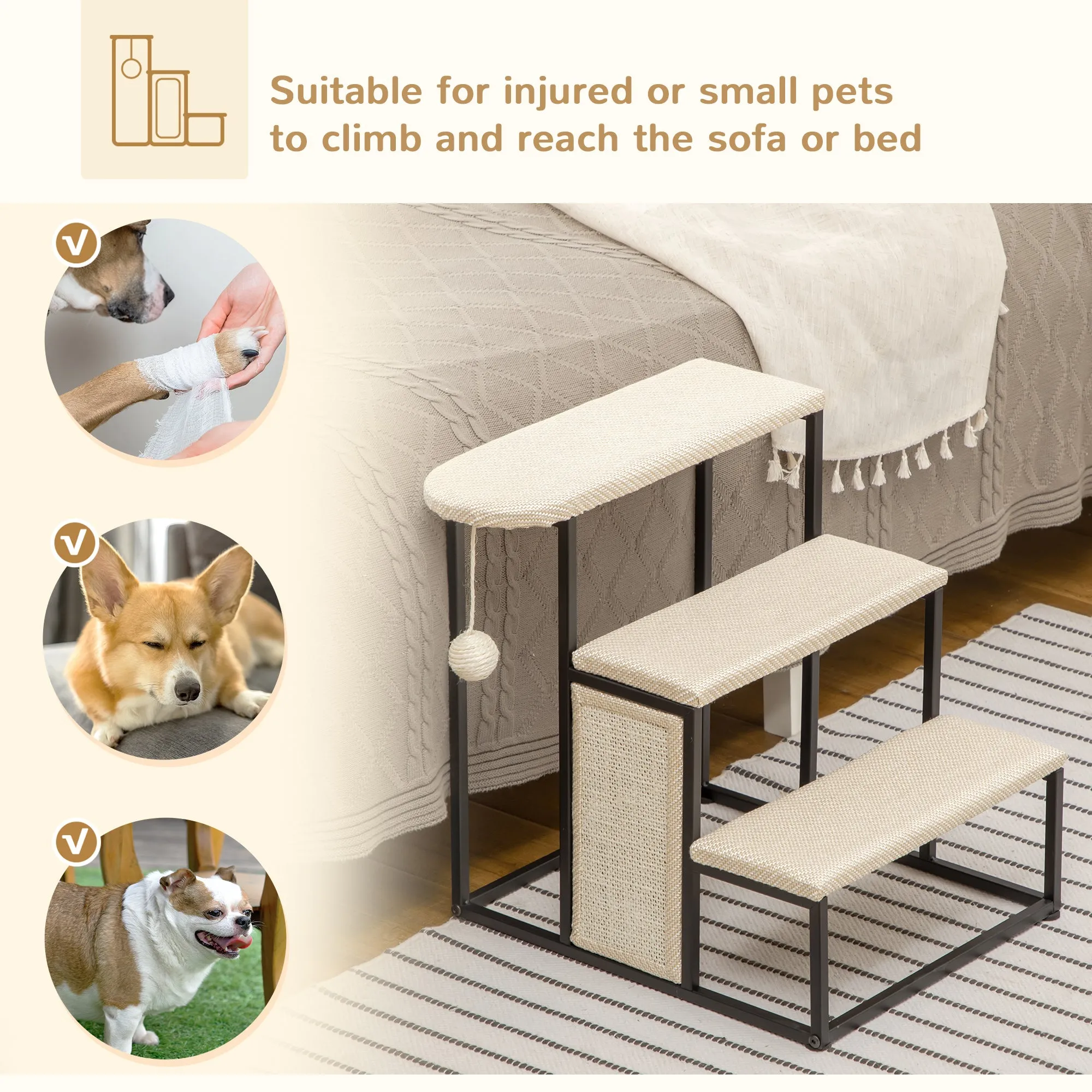 3 Steps Dog Stairs, Pet Steps for Cat for Sofa and Bed with Sisal Scratching Board, Hanging Toy Ball, 47 x 45 x 47cm - Cream White