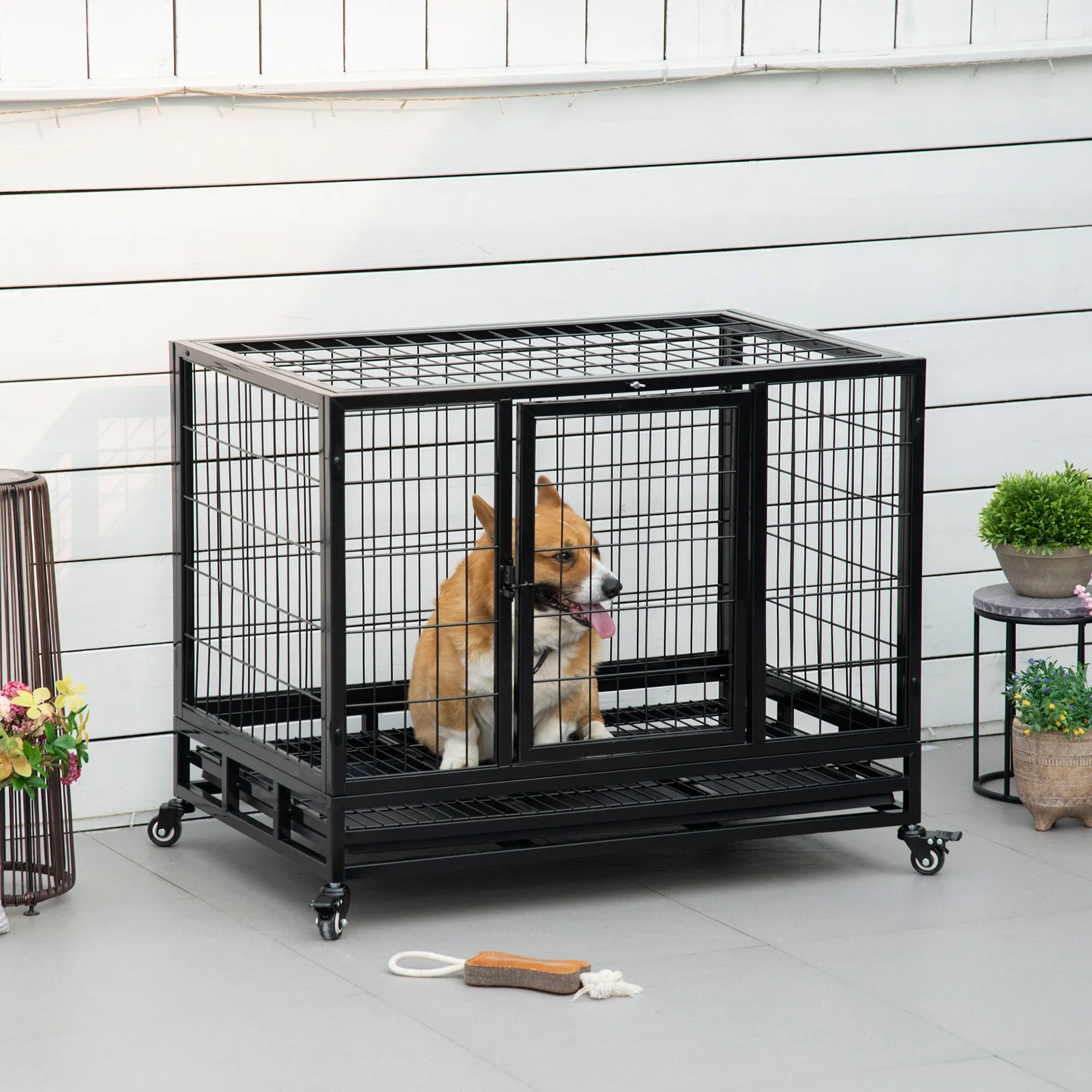 38" Heavy Duty Metal Dog Kennel Pet Cage with Crate Tray and Wheels - Black (Medium)