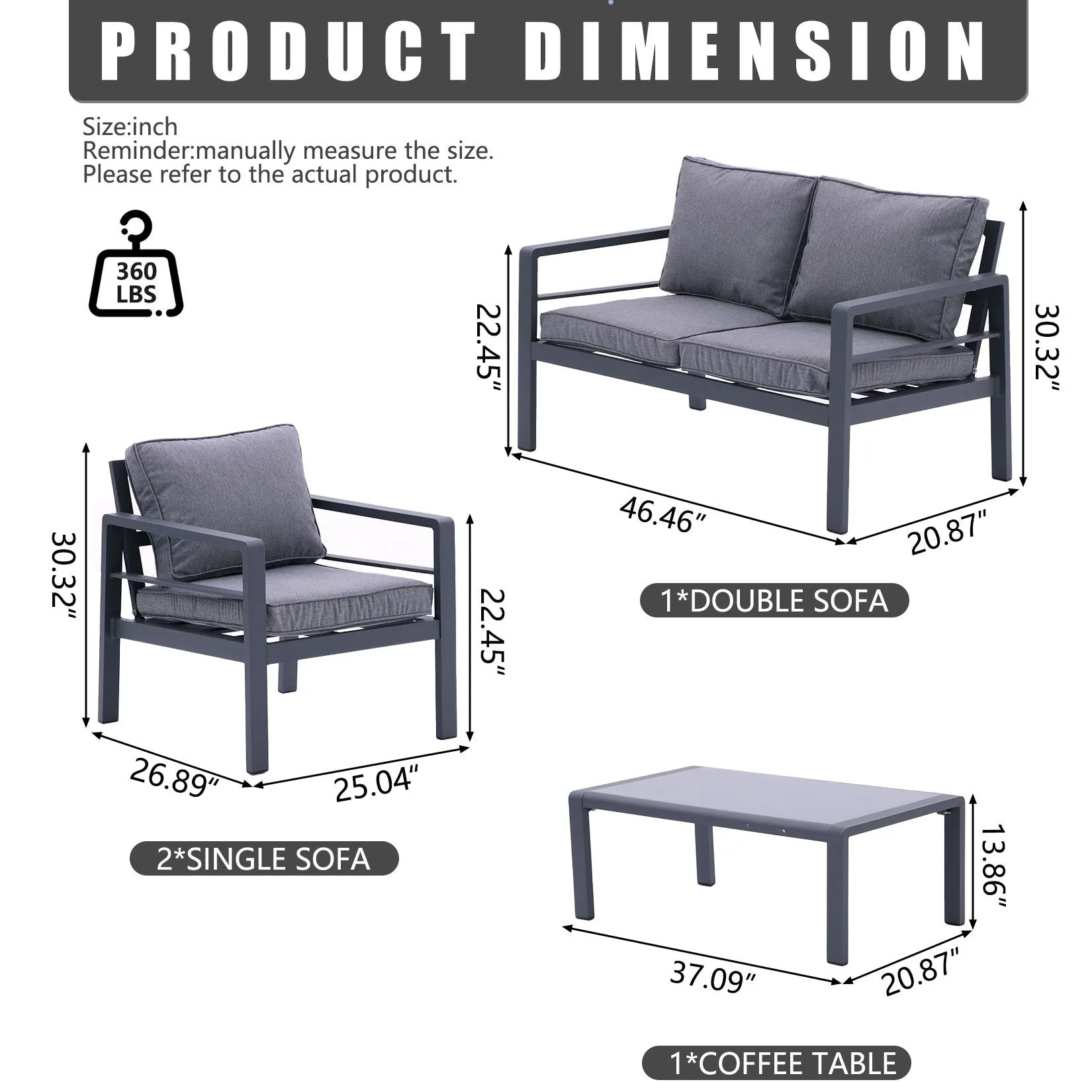 4-piece Aluminum Outdoor Patio Conversation Set,All-Weather Sectional Sofa Outside Furniture with  Removable Cushions and Tempered Glass Coffee Table for Courtyard,Poolside,Deck,Balcony(Grey)