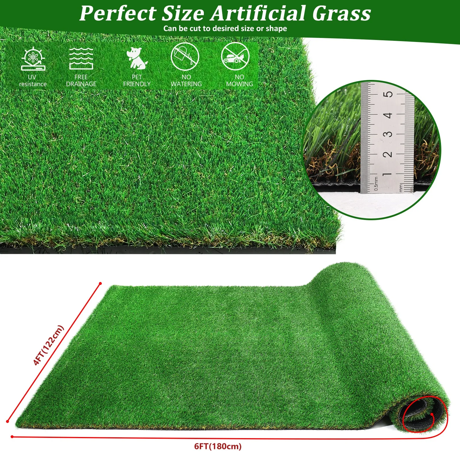 4FTX6FT Outdoor Artificial Grass Runner Rug, Thick Realistic Fake Grass Roll Decor Patio Balcony Garden Lawn, Dog Pets Turf Drain Mat, 1.38" Pile Height