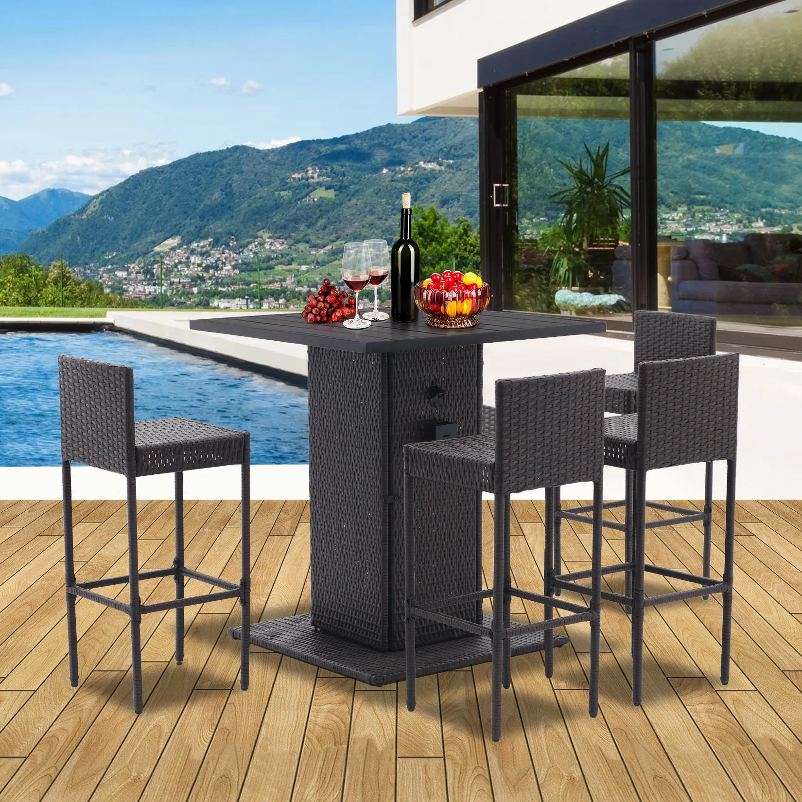 5-Piece Outdoor Conversation Bar Set,All Weather PE Rattan and Steel Frame Patio Furniture With Metal Tabletop and Stools for Patios, Backyards, Porches, Gardens, Poolside (Coffee)