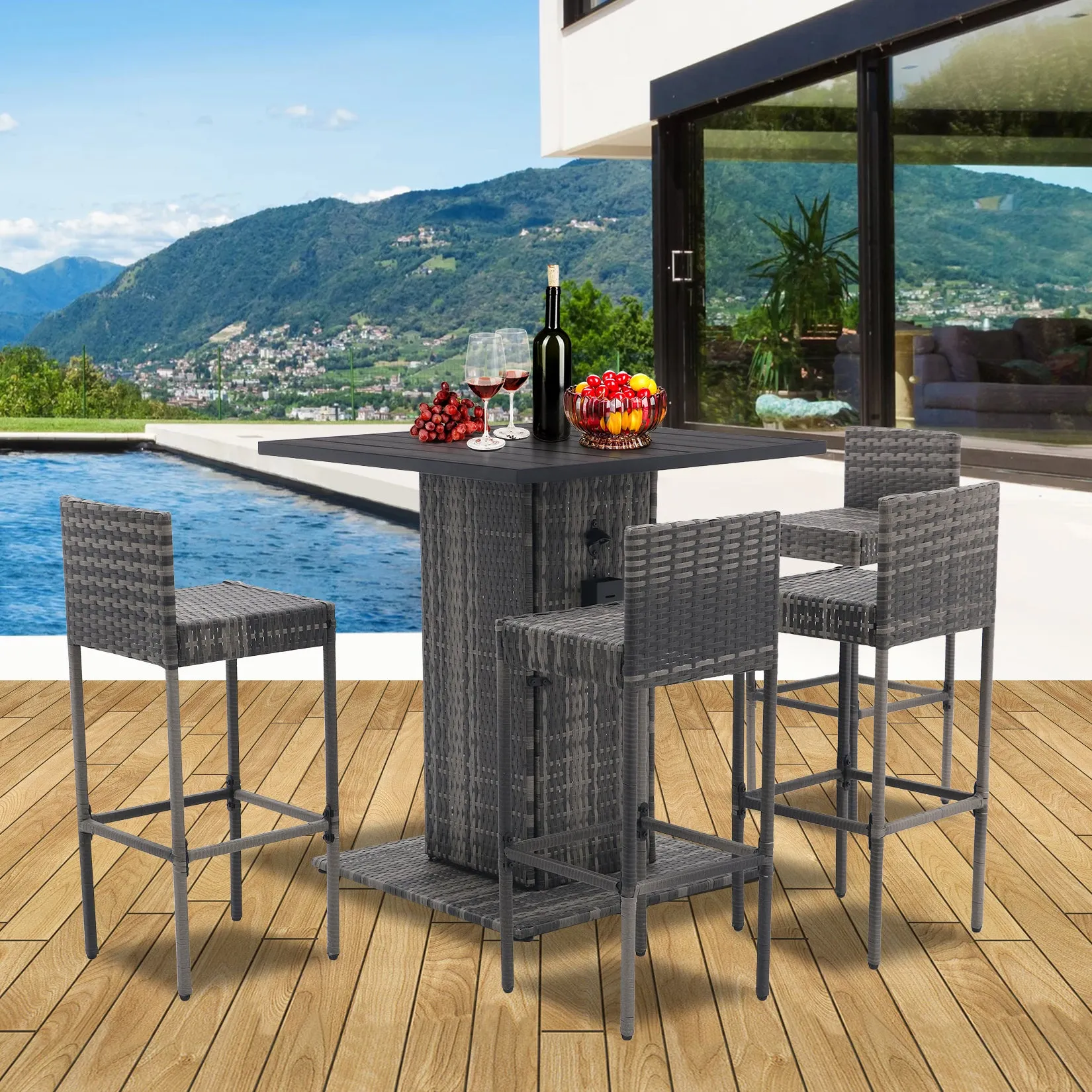 5-Piece Outdoor Conversation Bar Set,All Weather PE Rattan and Steel Frame Patio Furniture With Metal Tabletop and Stools for Patios, Backyards, Porches, Gardens, Poolside  (Gray Gradient)