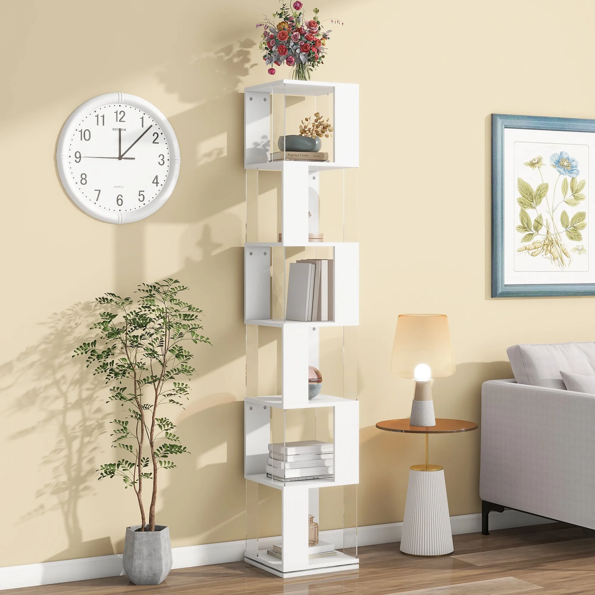 6 tier Rotating Bookshelf, Floor Rack Simple Bookcase  with Acrylic plate Student Multi-Function Creative Bookshelf for Living Room