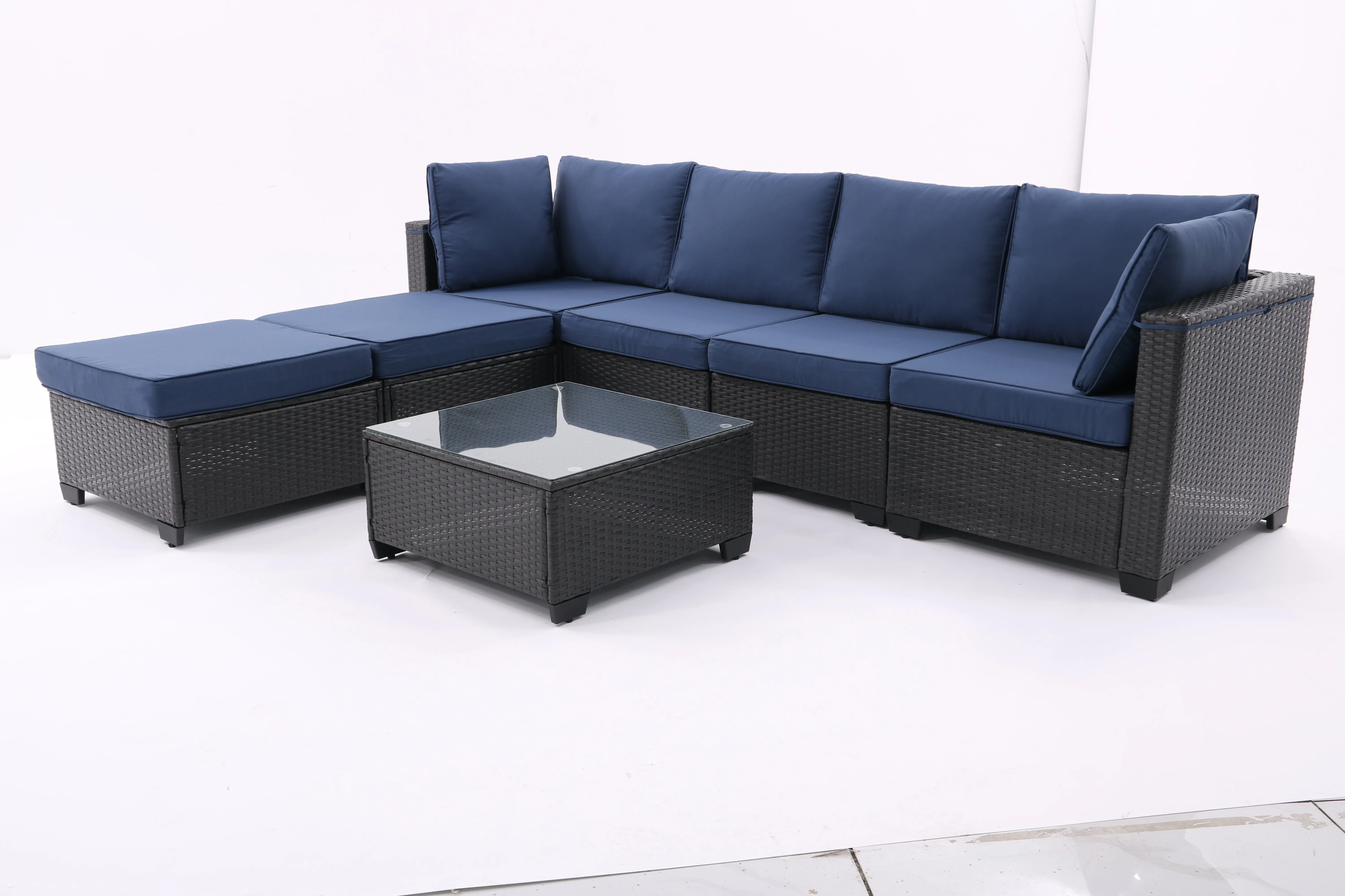 7 Pieces Outdoor Patio Furniture Set,Sectional Conversation Sofa Consisted Of Corner Chairs,Ottomans And Glass Top Table,All Weather PE Rattan and Steel Frame With  Removable Cushions(Coffee Blue)