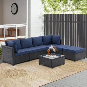 7 Pieces Outdoor Patio Furniture Set,Sectional Conversation Sofa Consisted Of Corner Chairs,Ottomans And Glass Top Table,All Weather PE Rattan and Steel Frame With  Removable Cushions(Coffee Blue)