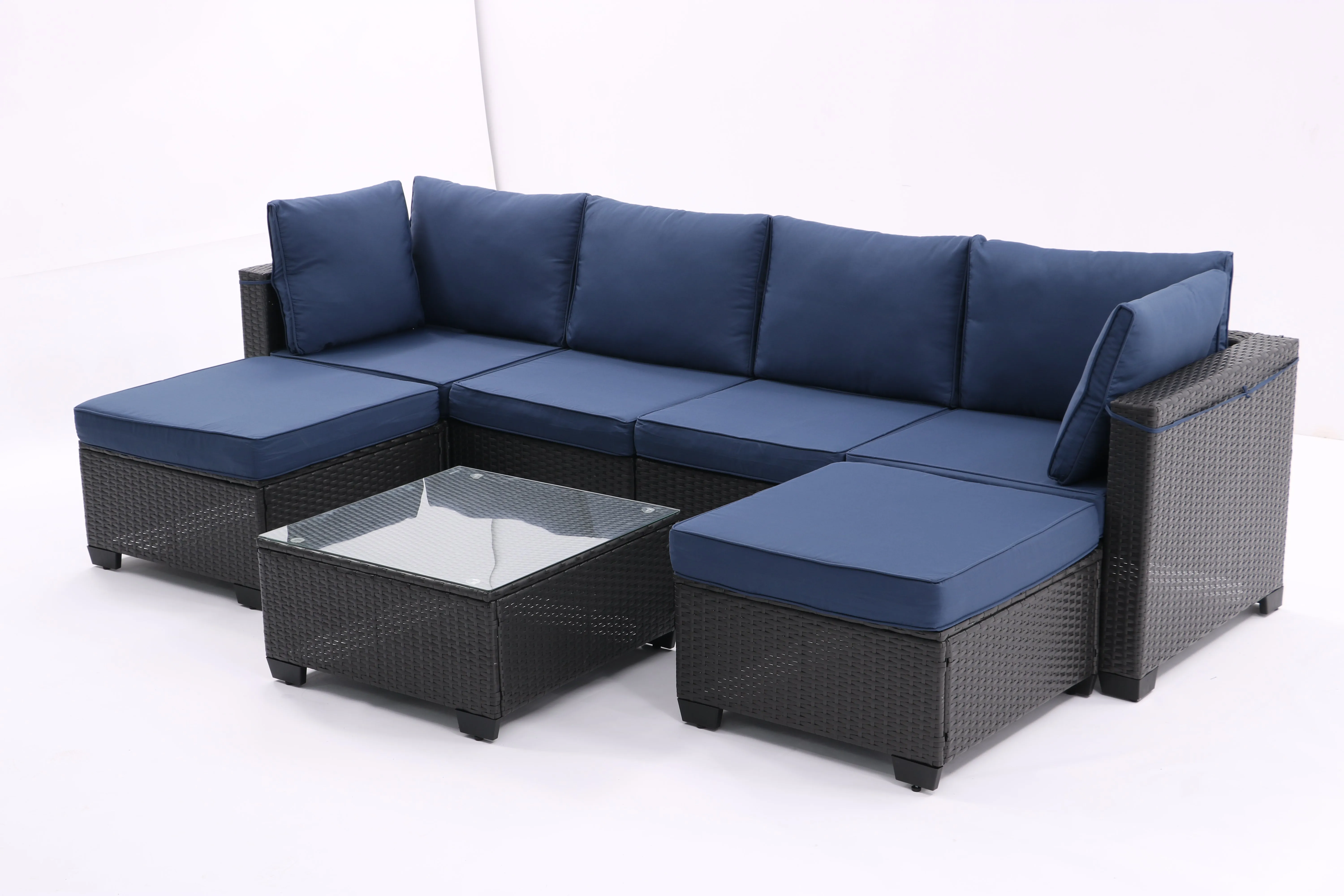 7 Pieces Outdoor Patio Furniture Set,Sectional Conversation Sofa Consisted Of Corner Chairs,Ottomans And Glass Top Table,All Weather PE Rattan and Steel Frame With  Removable Cushions(Coffee Blue)