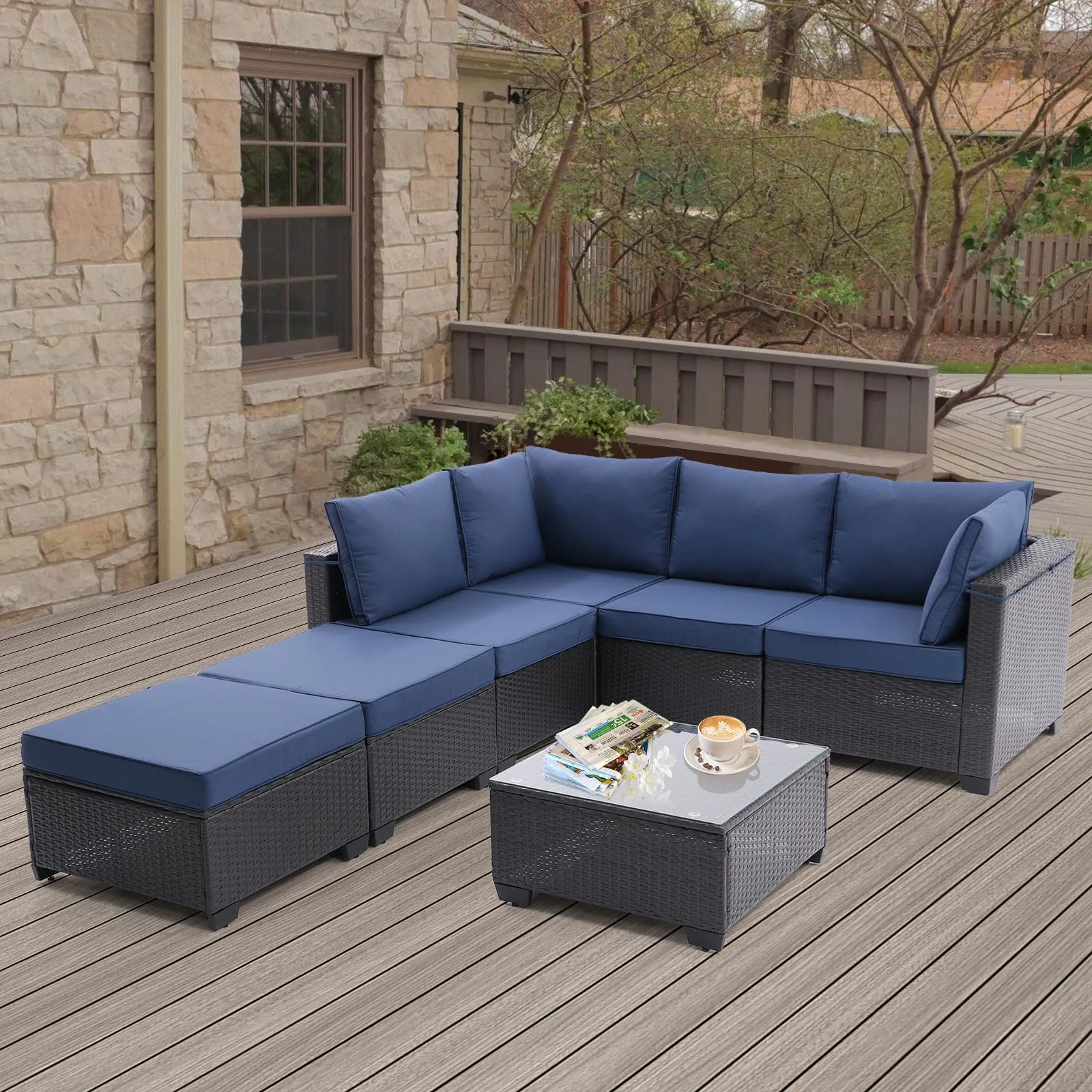 7 Pieces Outdoor Patio Furniture Set,Sectional Conversation Sofa Consisted Of Corner Chairs,Ottomans And Glass Top Table,All Weather PE Rattan and Steel Frame With  Removable Cushions(Coffee Blue)