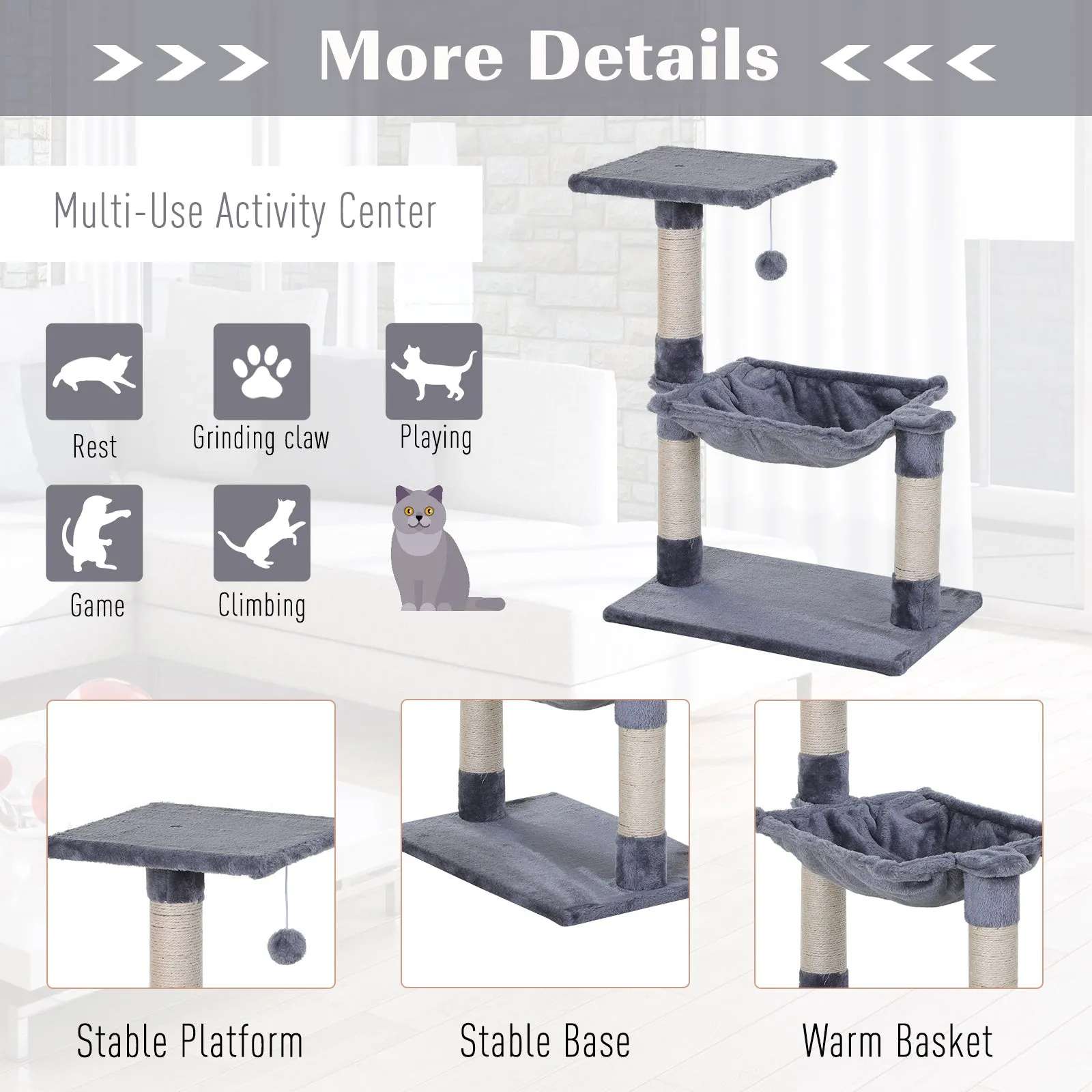 70cm Cat Tree for Indoor Cats Durable Natural Sisal Scratching Posts Hammock Bed Kitty Activity Center Grey