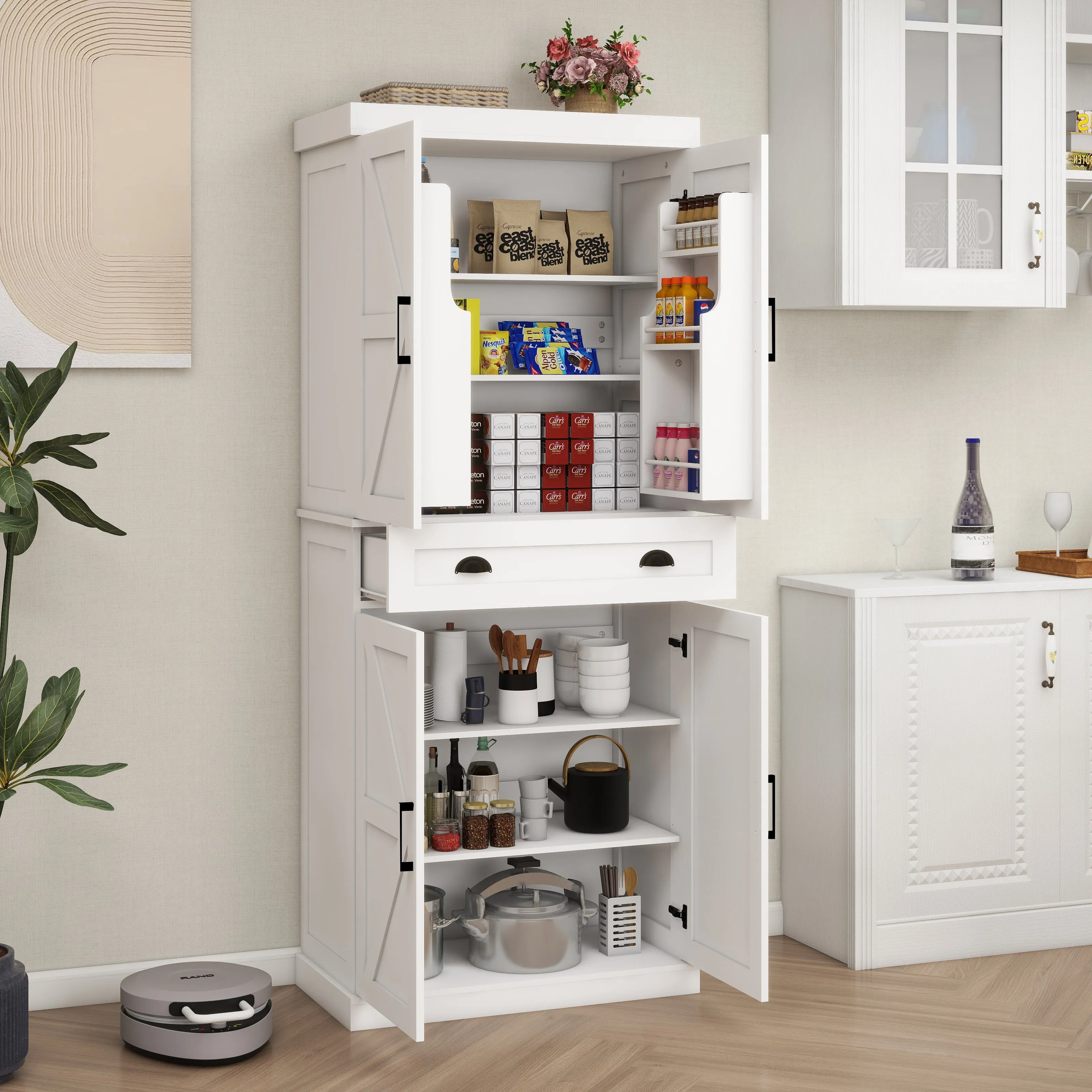 71" Kitchen Pantry Storage Cabinet  with 4 Doors(2Doors with Racks),1 Drawer, 2 Adjustable Shelves, Freestanding Cupboard for Kitchen, Dining Room and Living Room-White