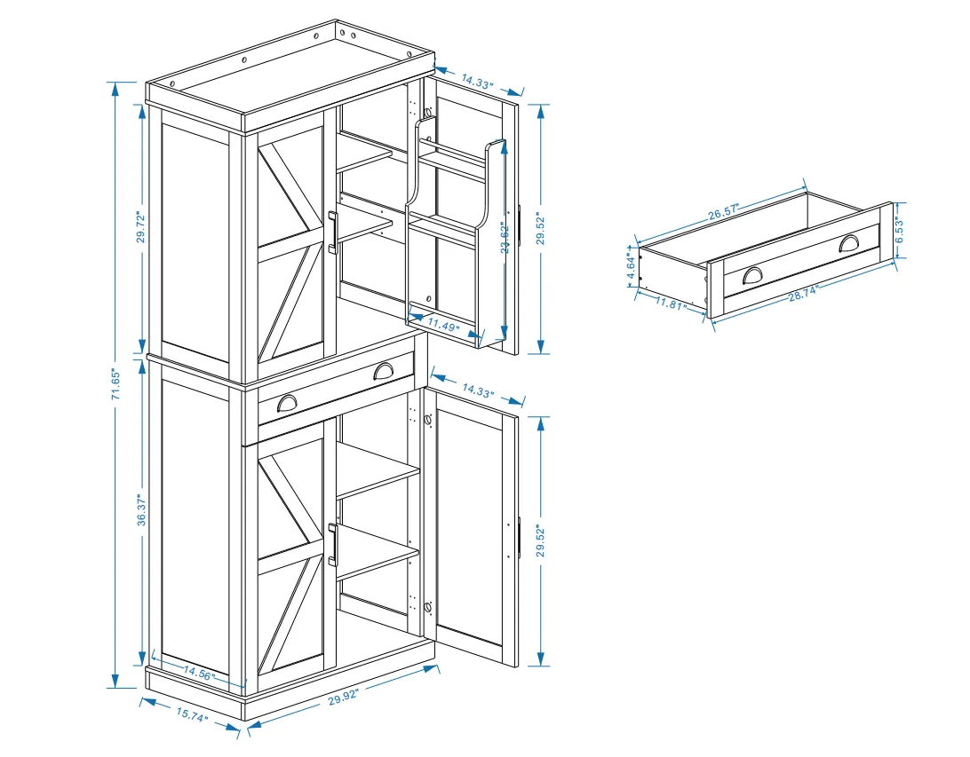 71" Kitchen Pantry Storage Cabinet  with 4 Doors(2Doors with Racks),1 Drawer, 2 Adjustable Shelves, Freestanding Cupboard for Kitchen, Dining Room and Living Room-White