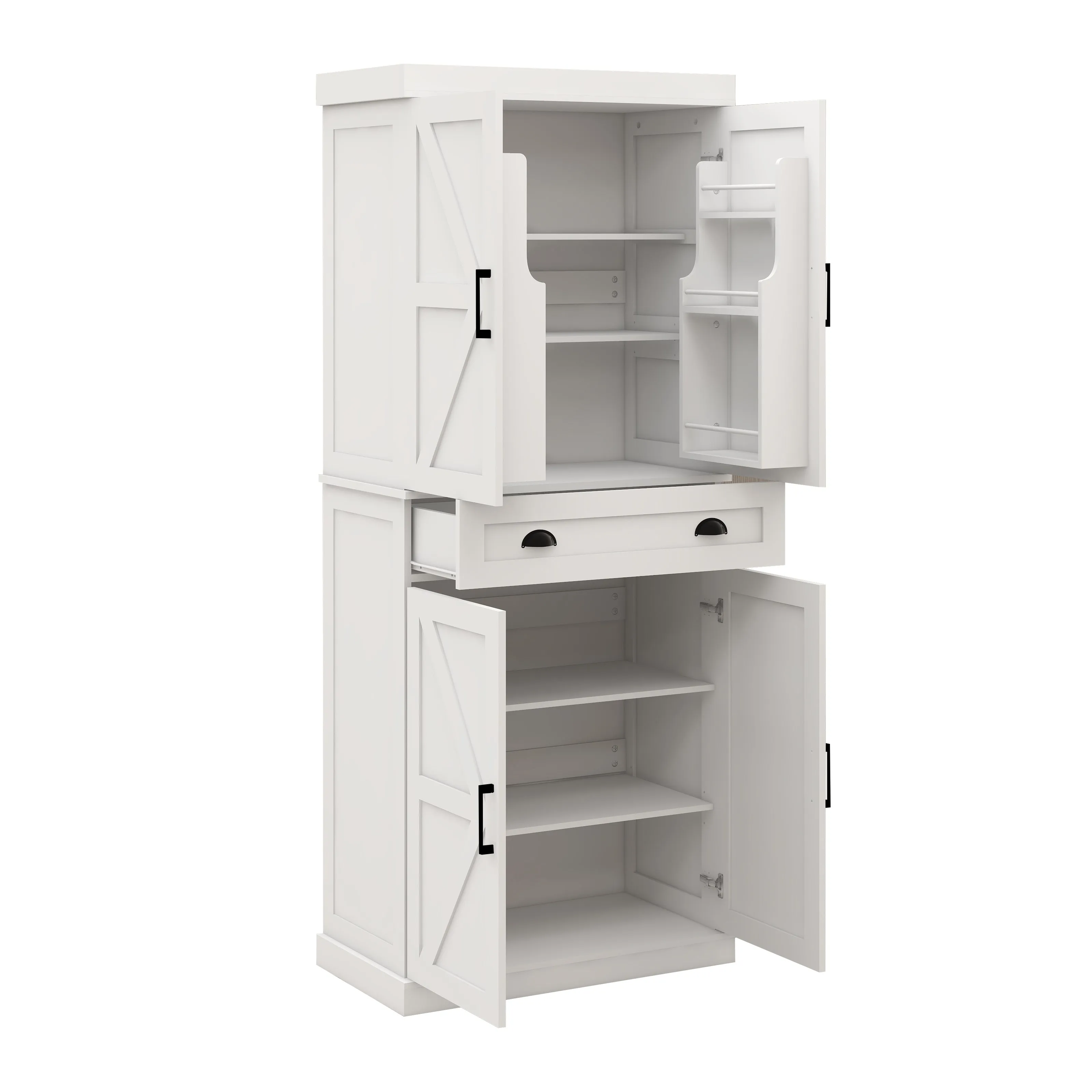 71" Kitchen Pantry Storage Cabinet  with 4 Doors(2Doors with Racks),1 Drawer, 2 Adjustable Shelves, Freestanding Cupboard for Kitchen, Dining Room and Living Room-White