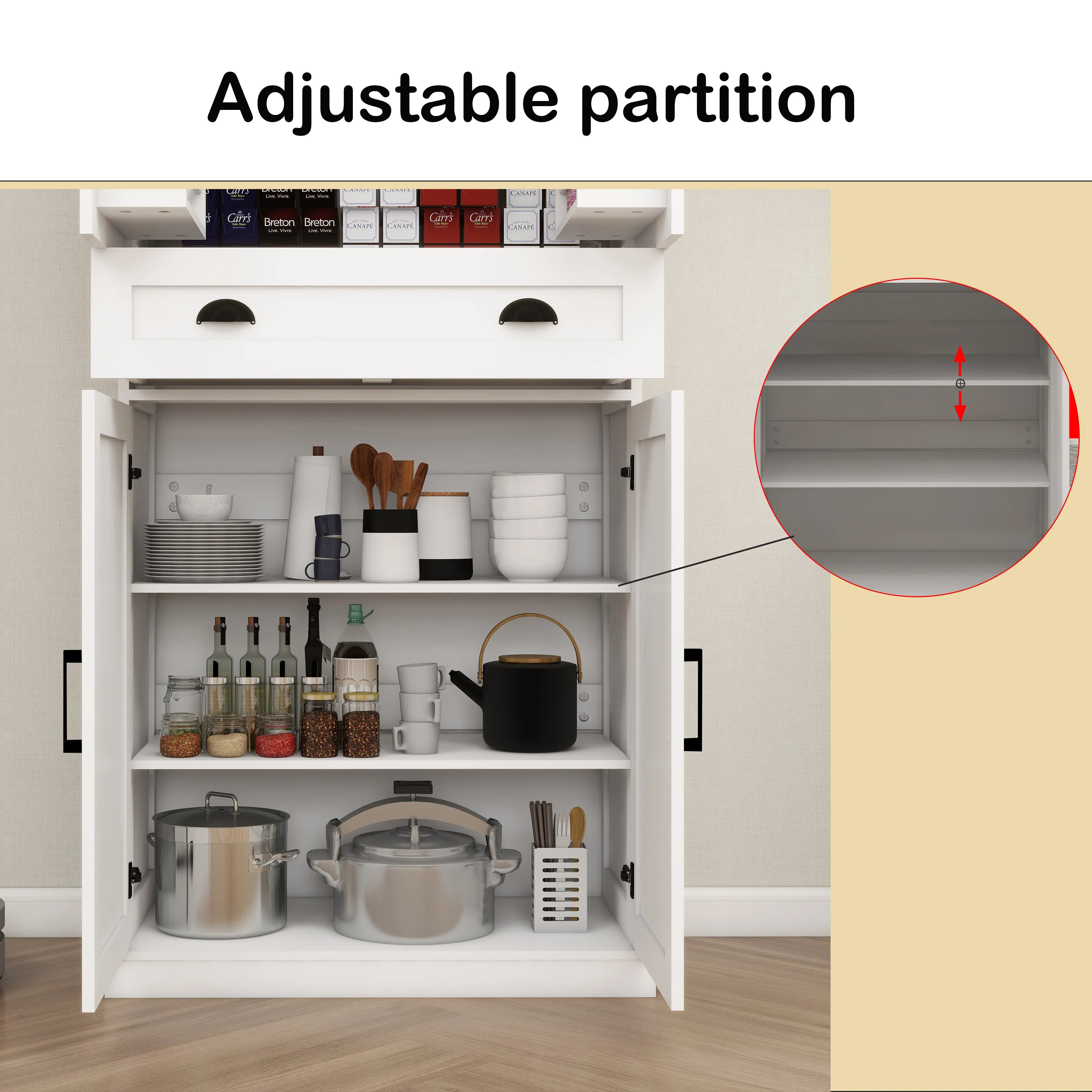 71" Kitchen Pantry Storage Cabinet  with 4 Doors(2Doors with Racks),1 Drawer, 2 Adjustable Shelves, Freestanding Cupboard for Kitchen, Dining Room and Living Room-White