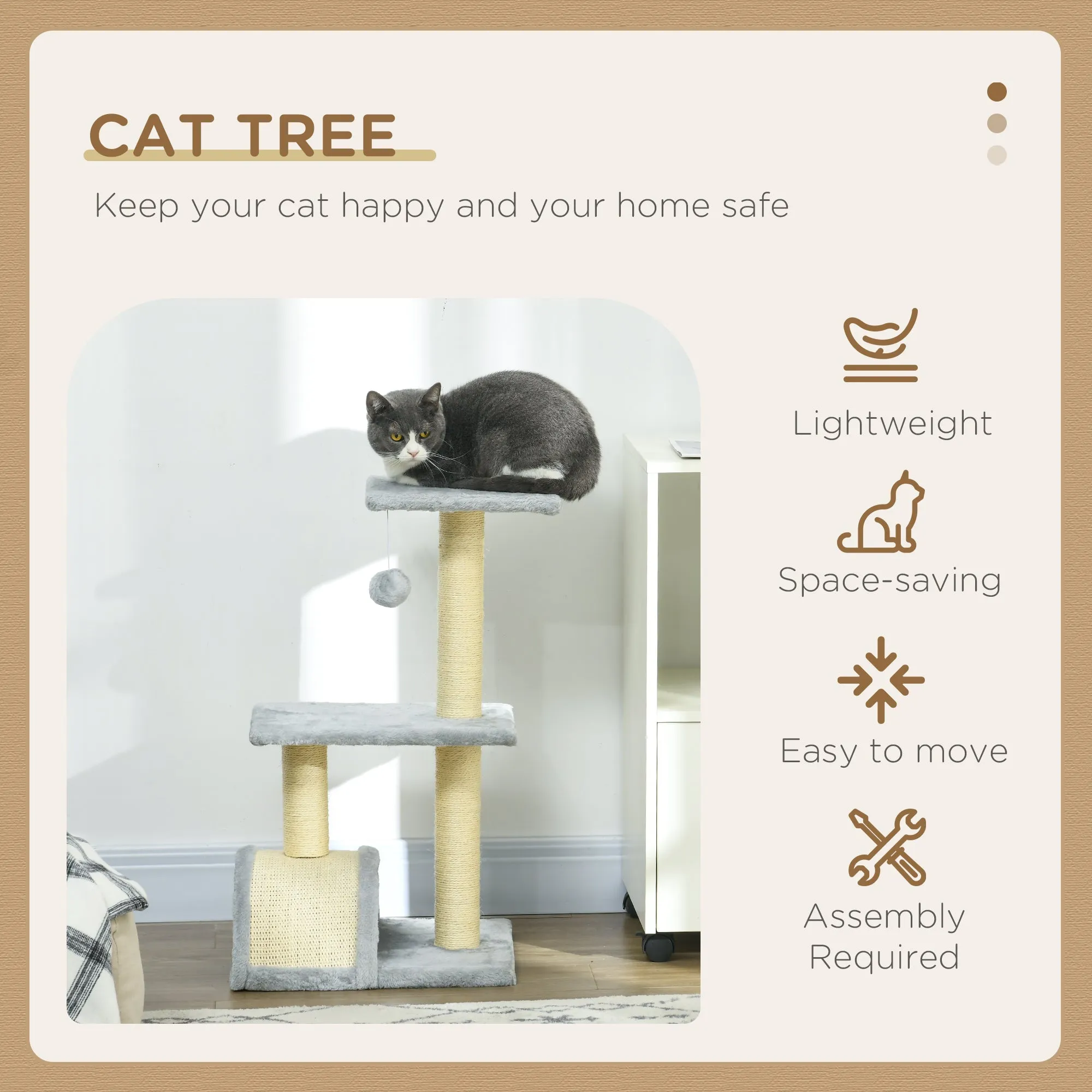 72cm Cat Tree Tower for Indoor Cats, Multi-level Climbing Activity Centre with Sisal Scratching Post, Pad, Hanging Ball, Toy, Grey