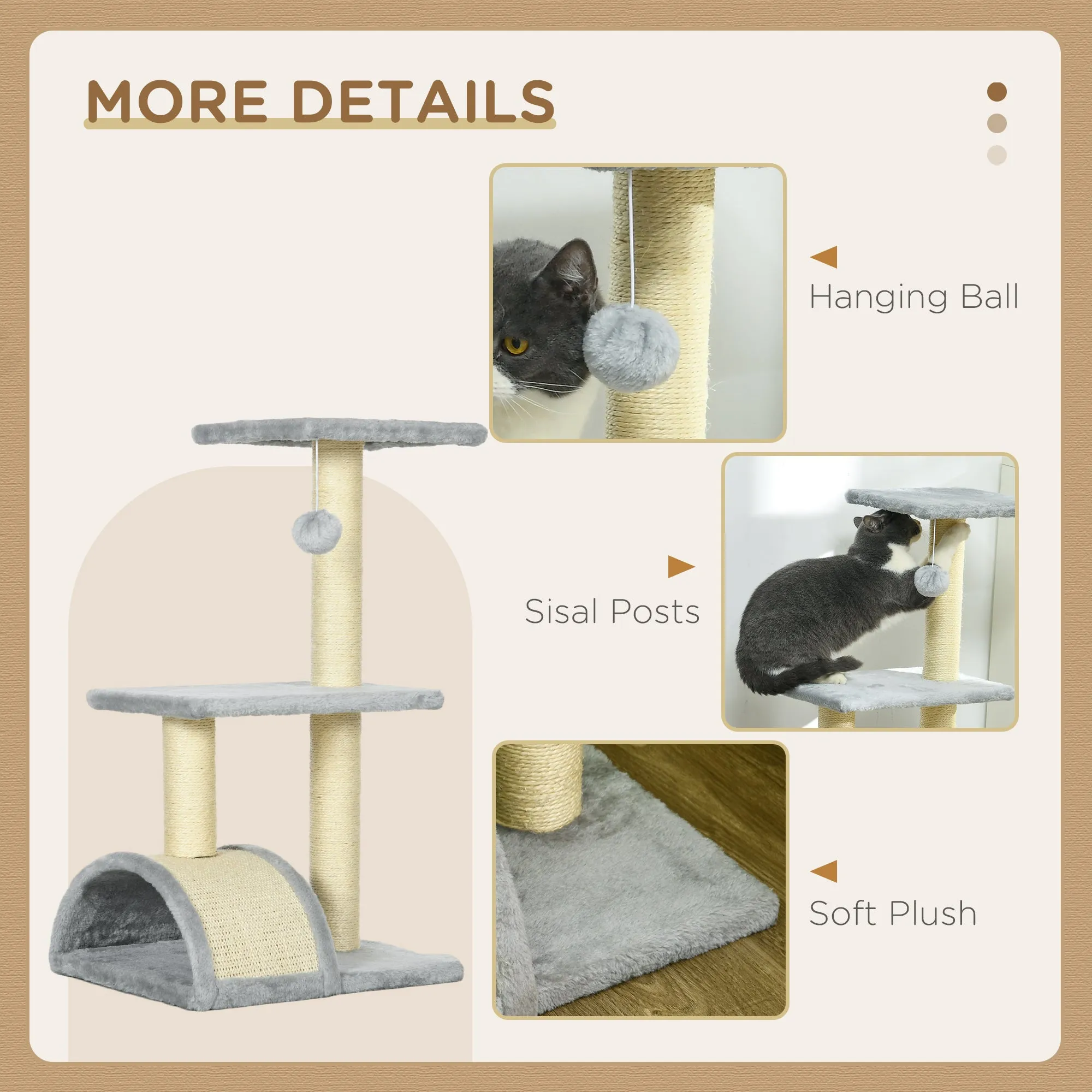 72cm Cat Tree Tower for Indoor Cats, Multi-level Climbing Activity Centre with Sisal Scratching Post, Pad, Hanging Ball, Toy, Grey