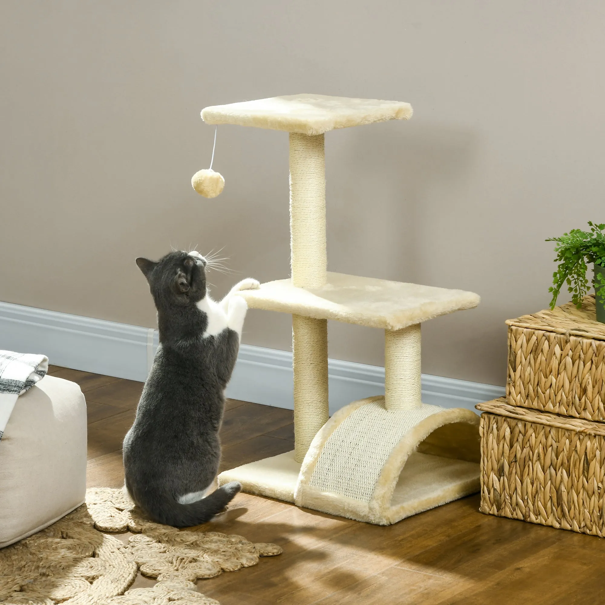 72cm Cat Tree with Scratching Post, Pad for Indoor Cats - Cream White