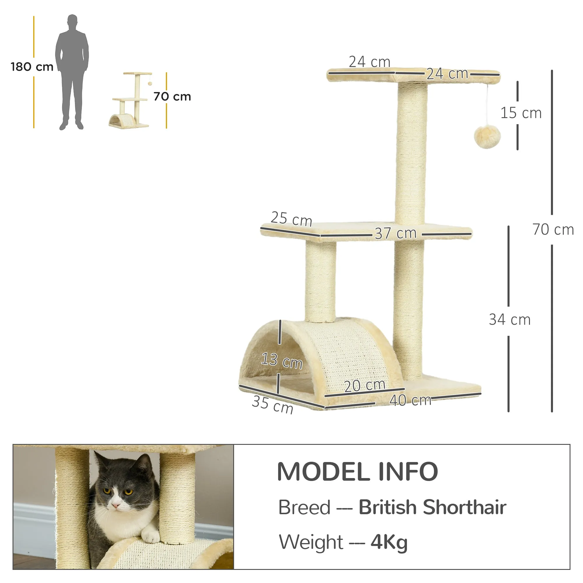 72cm Cat Tree with Scratching Post, Pad for Indoor Cats - Cream White