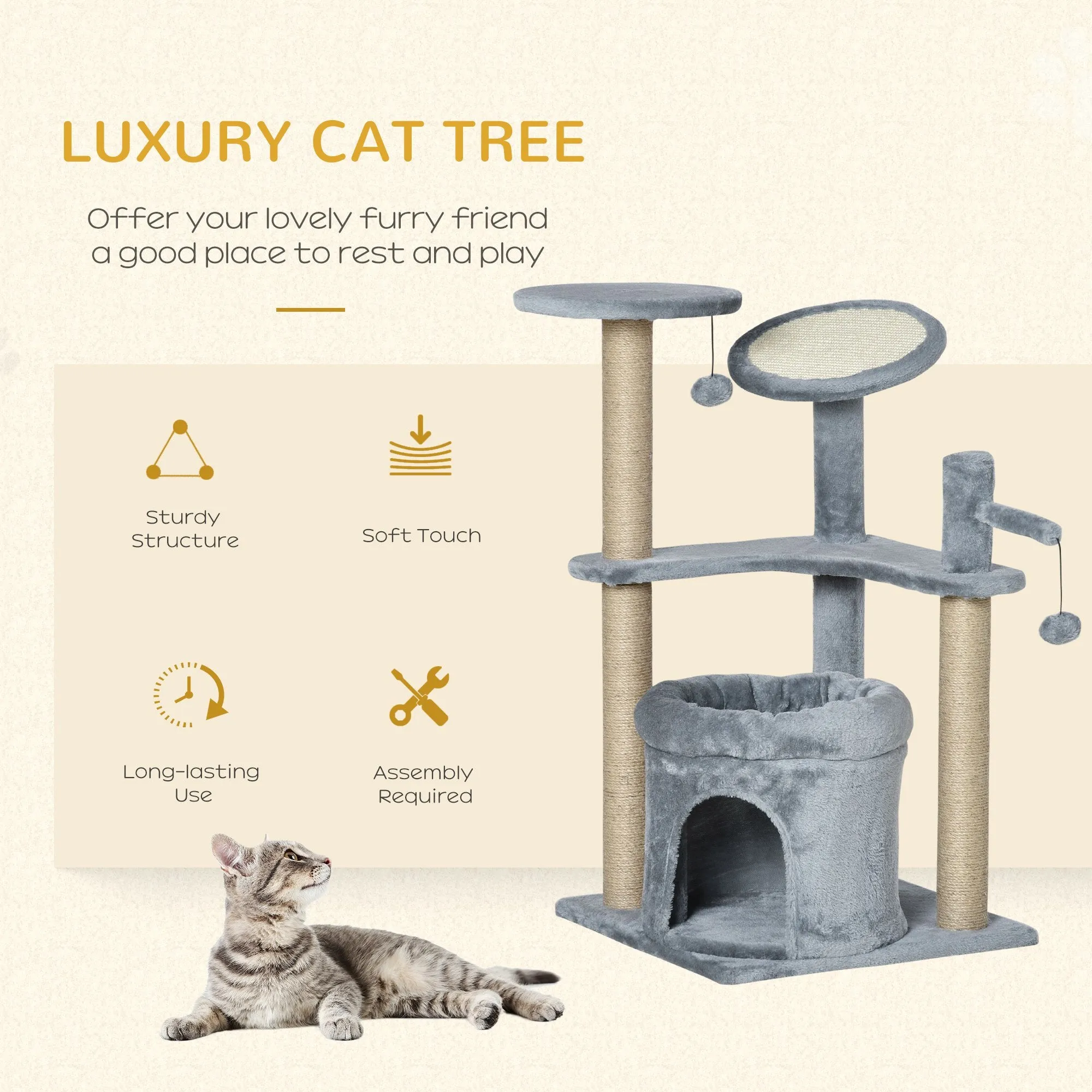 87 cm Cat Tree for Indoor Cats, Kitten Tree Tower with Scratching Posts Pad, Cat Condo, Plush Perches, Hanging Ball - Grey