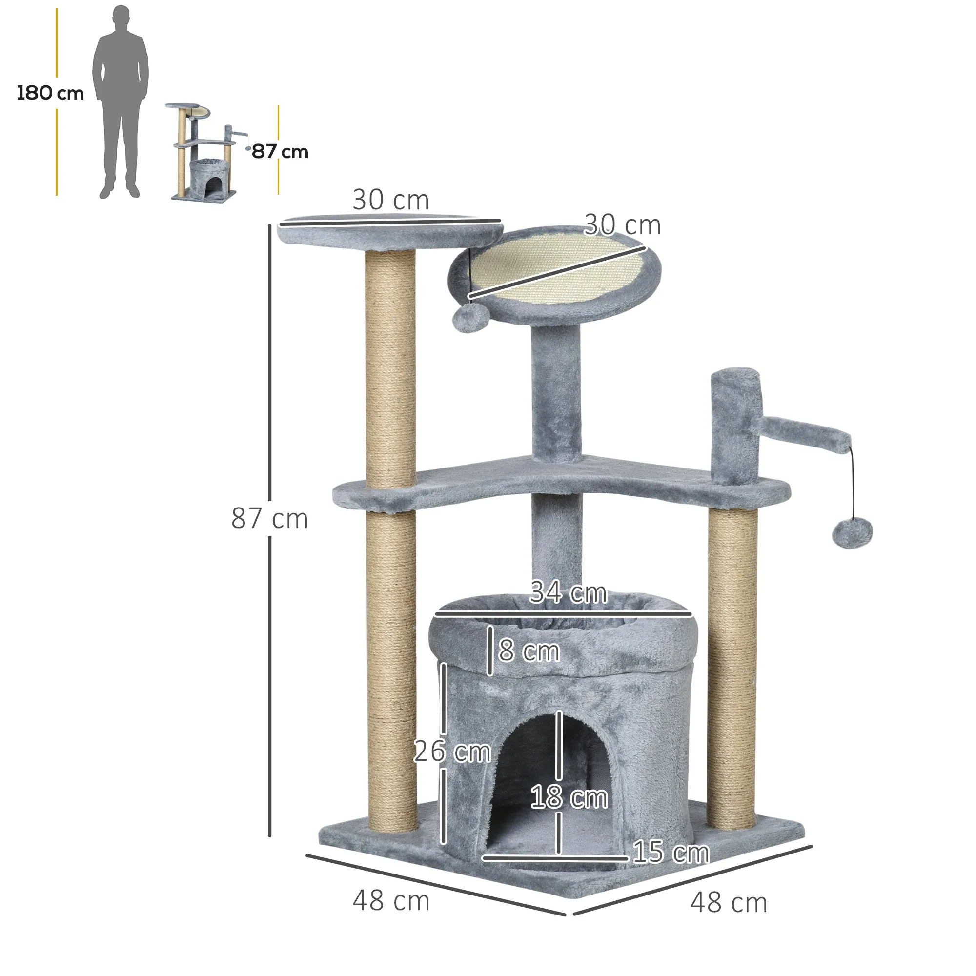 87 cm Cat Tree for Indoor Cats, Kitten Tree Tower with Scratching Posts Pad, Cat Condo, Plush Perches, Hanging Ball - Grey