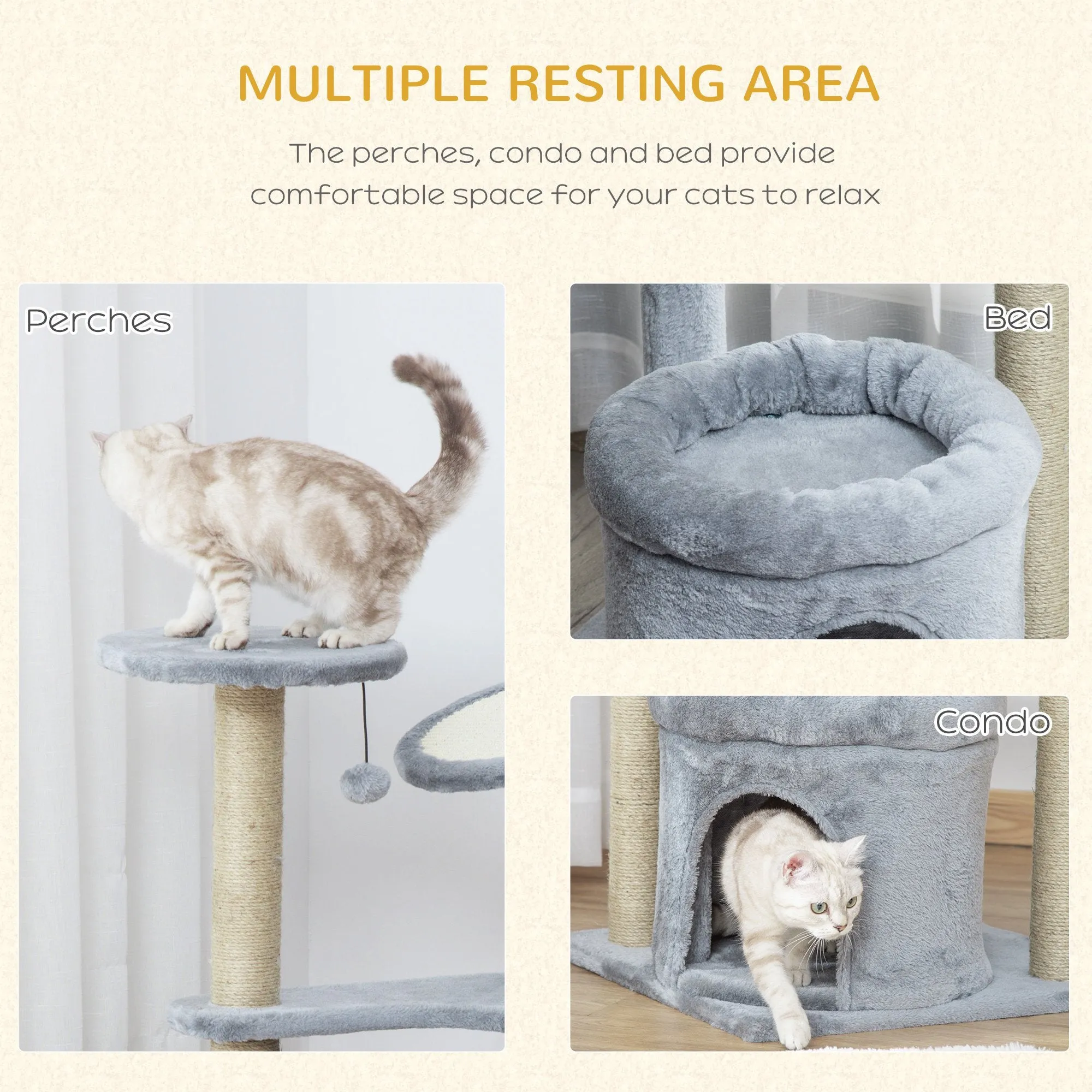 87 cm Cat Tree for Indoor Cats, Kitten Tree Tower with Scratching Posts Pad, Cat Condo, Plush Perches, Hanging Ball - Grey