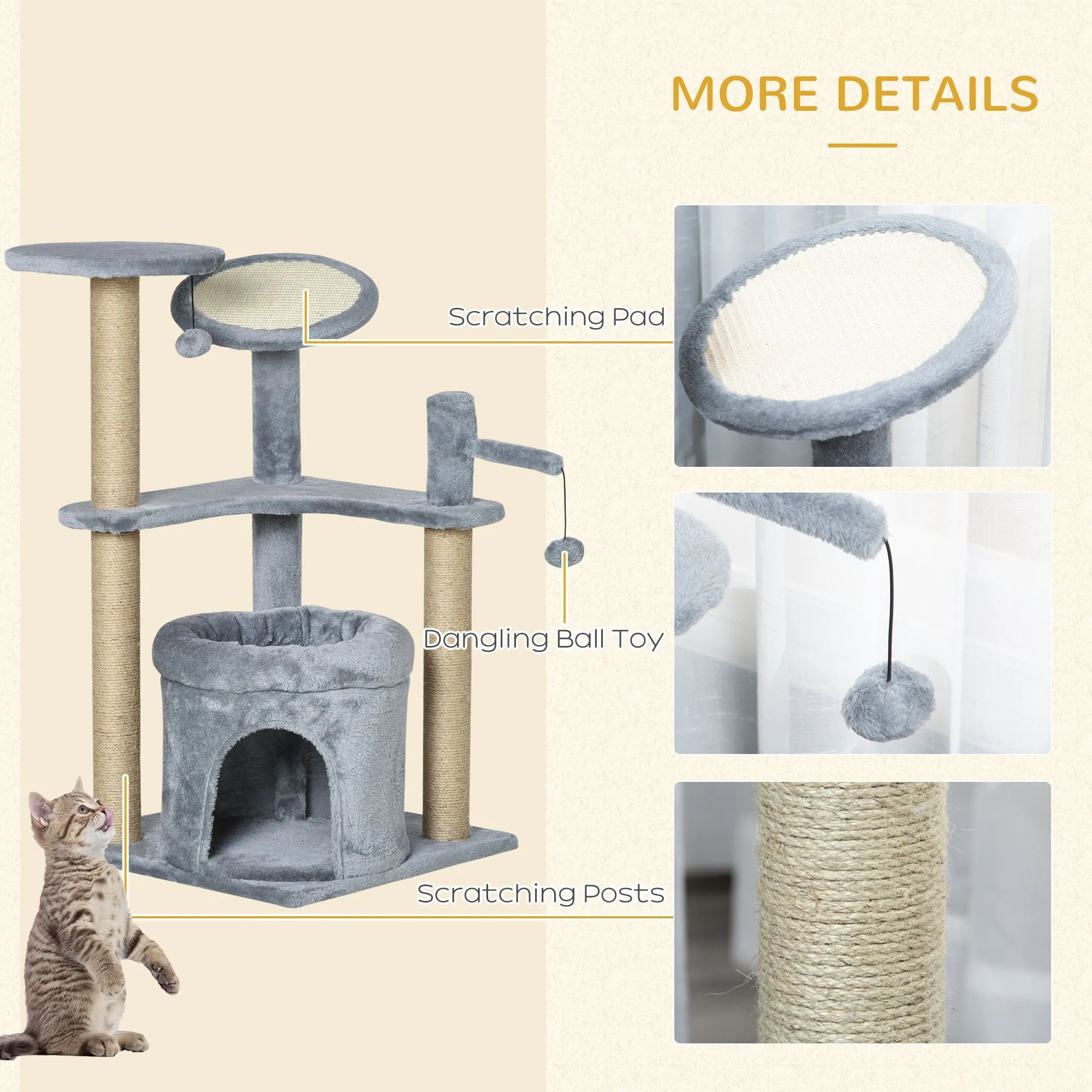 87 cm Cat Tree for Indoor Cats, Kitten Tree Tower with Scratching Posts Pad, Cat Condo, Plush Perches, Hanging Ball - Grey