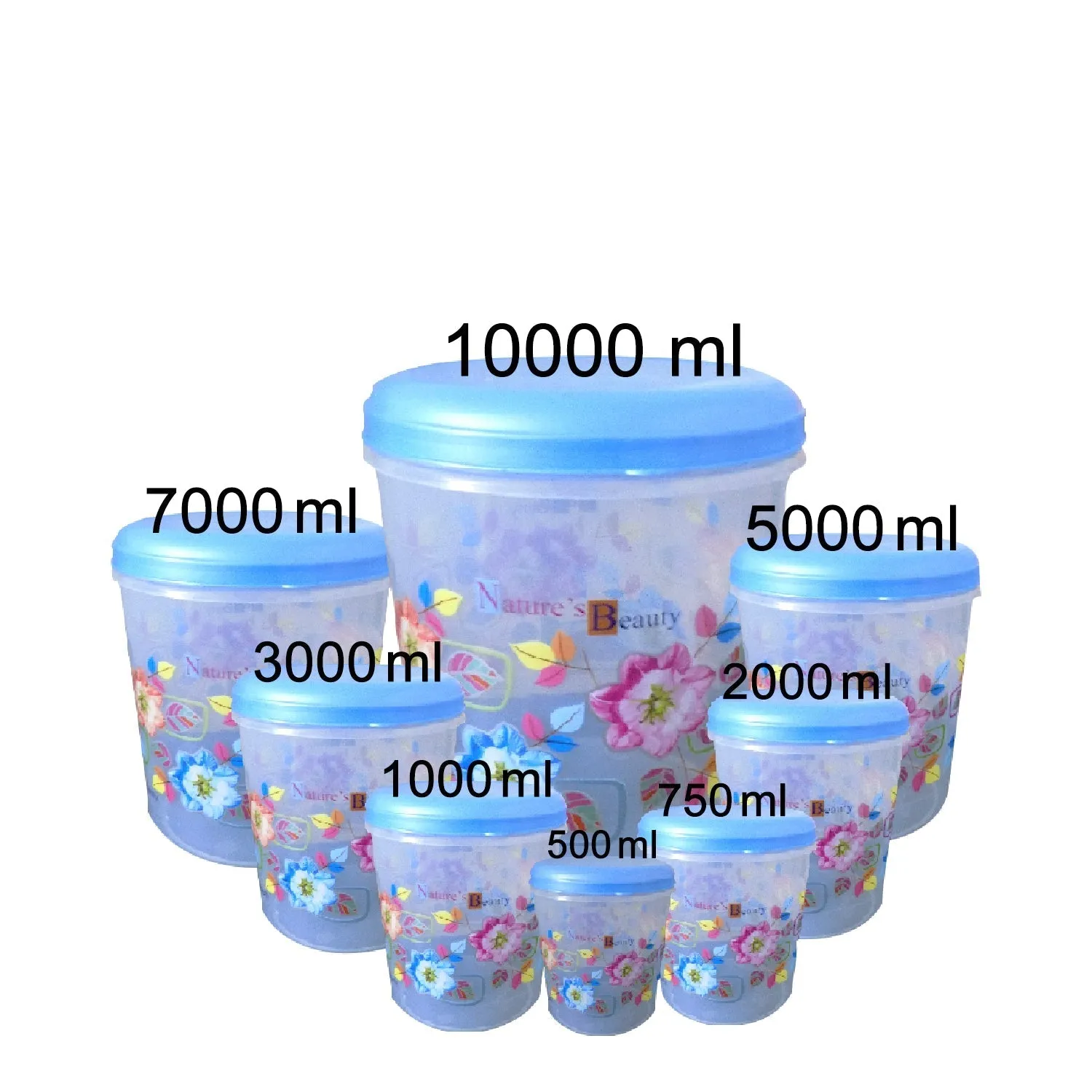 Air Tight Plastic Transparent Container Set (10000ml, 7000ml, 5000ml, 3000ml, 2000ml, 1000ml, 750ml, 500ml)