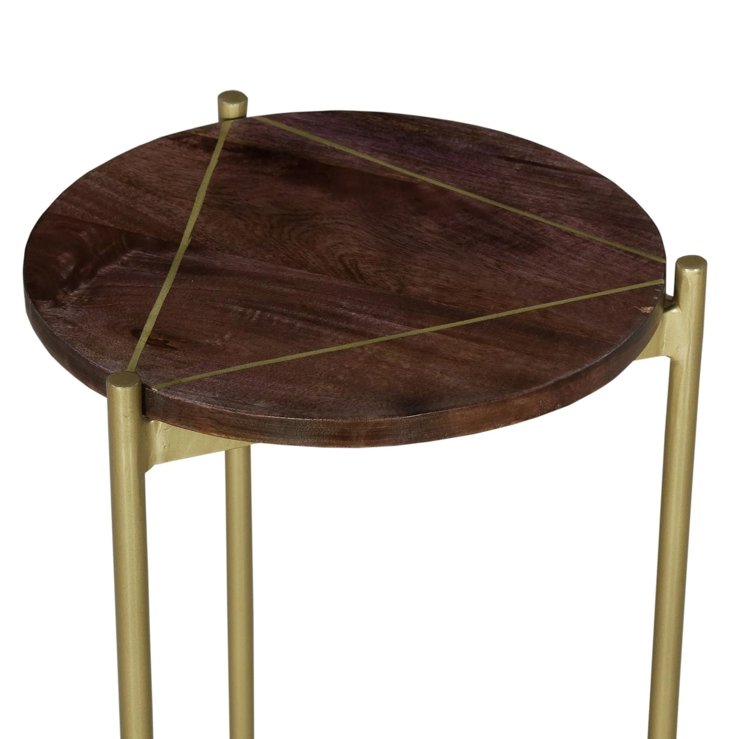 Brita 12 Inch Cocktail Accent Table, Round Wood Top, Triangular Gold Base, Brown, Brass