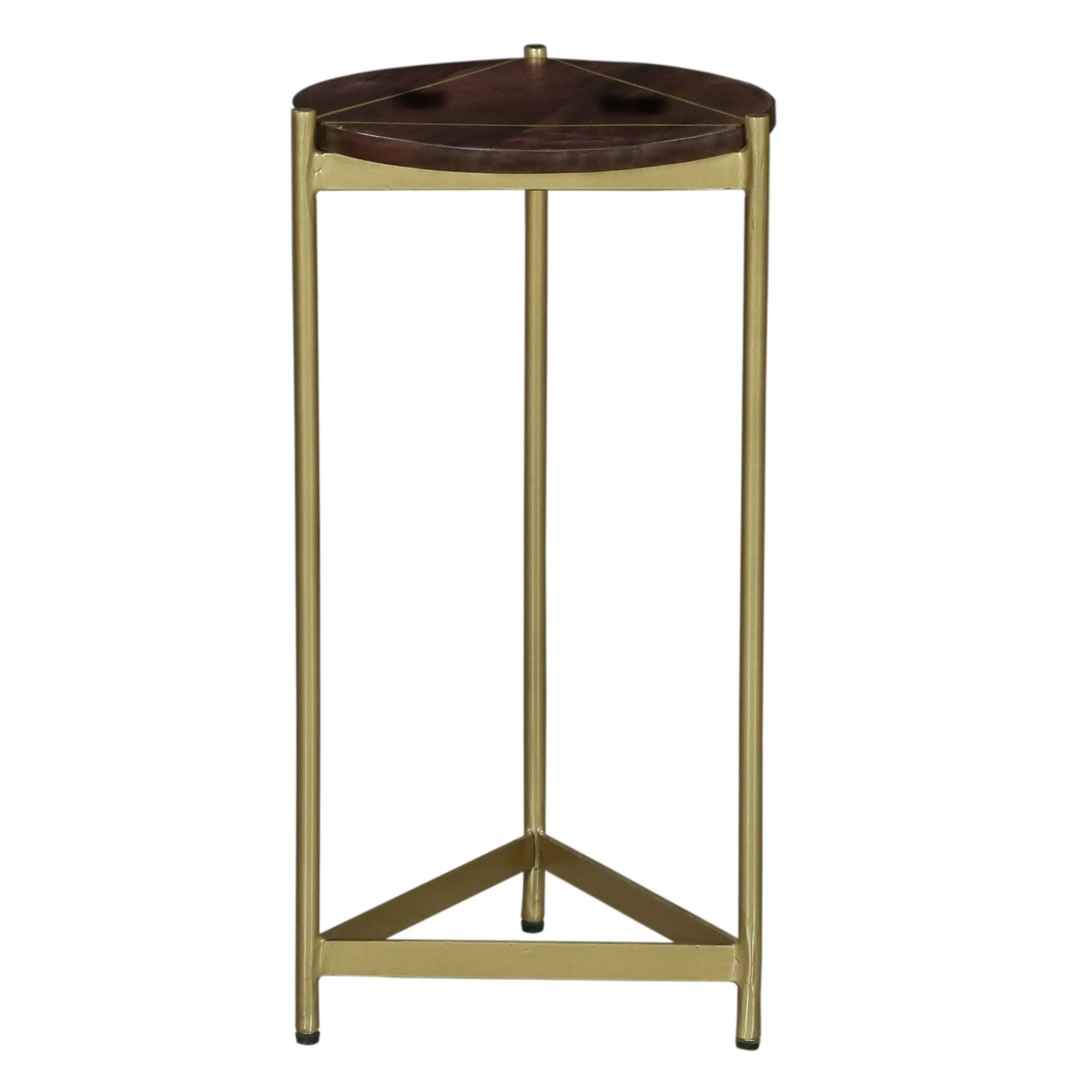 Brita 12 Inch Cocktail Accent Table, Round Wood Top, Triangular Gold Base, Brown, Brass