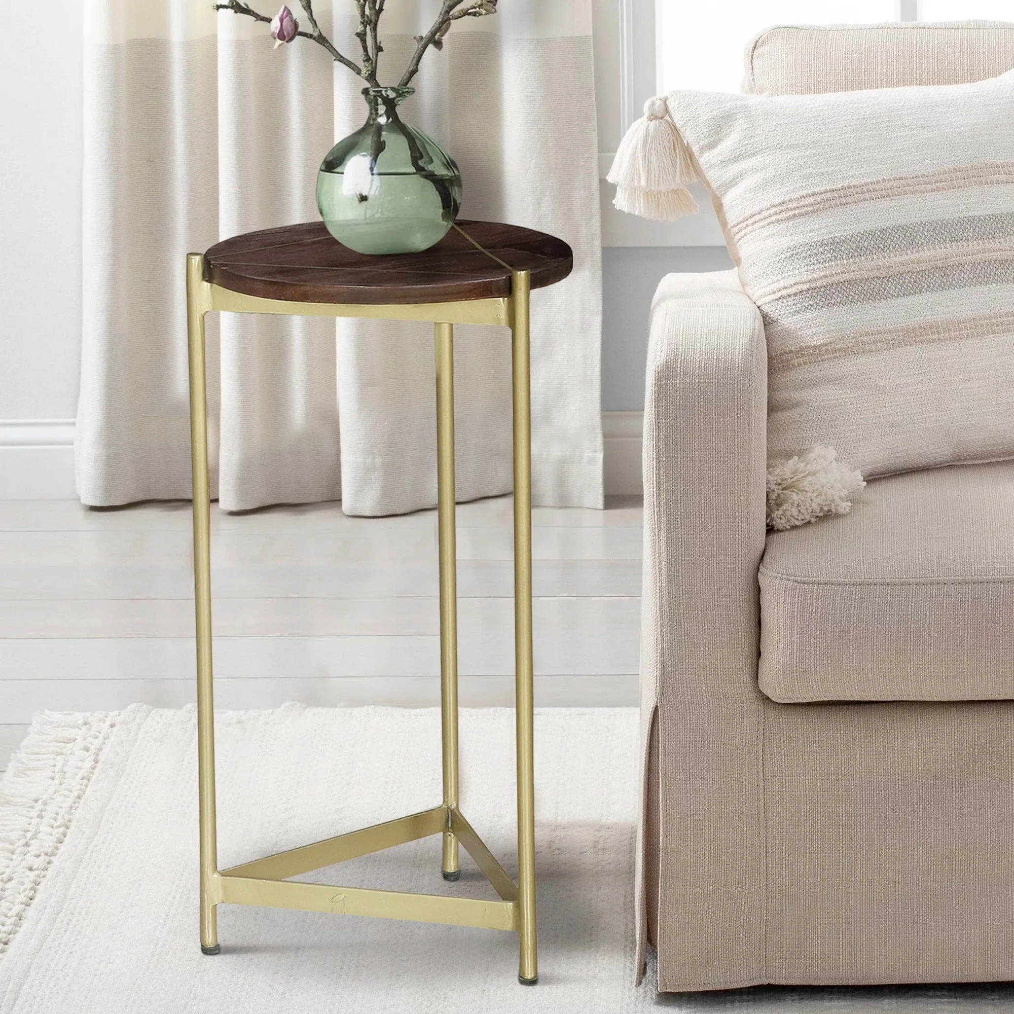 Brita 12 Inch Cocktail Accent Table, Round Wood Top, Triangular Gold Base, Brown, Brass