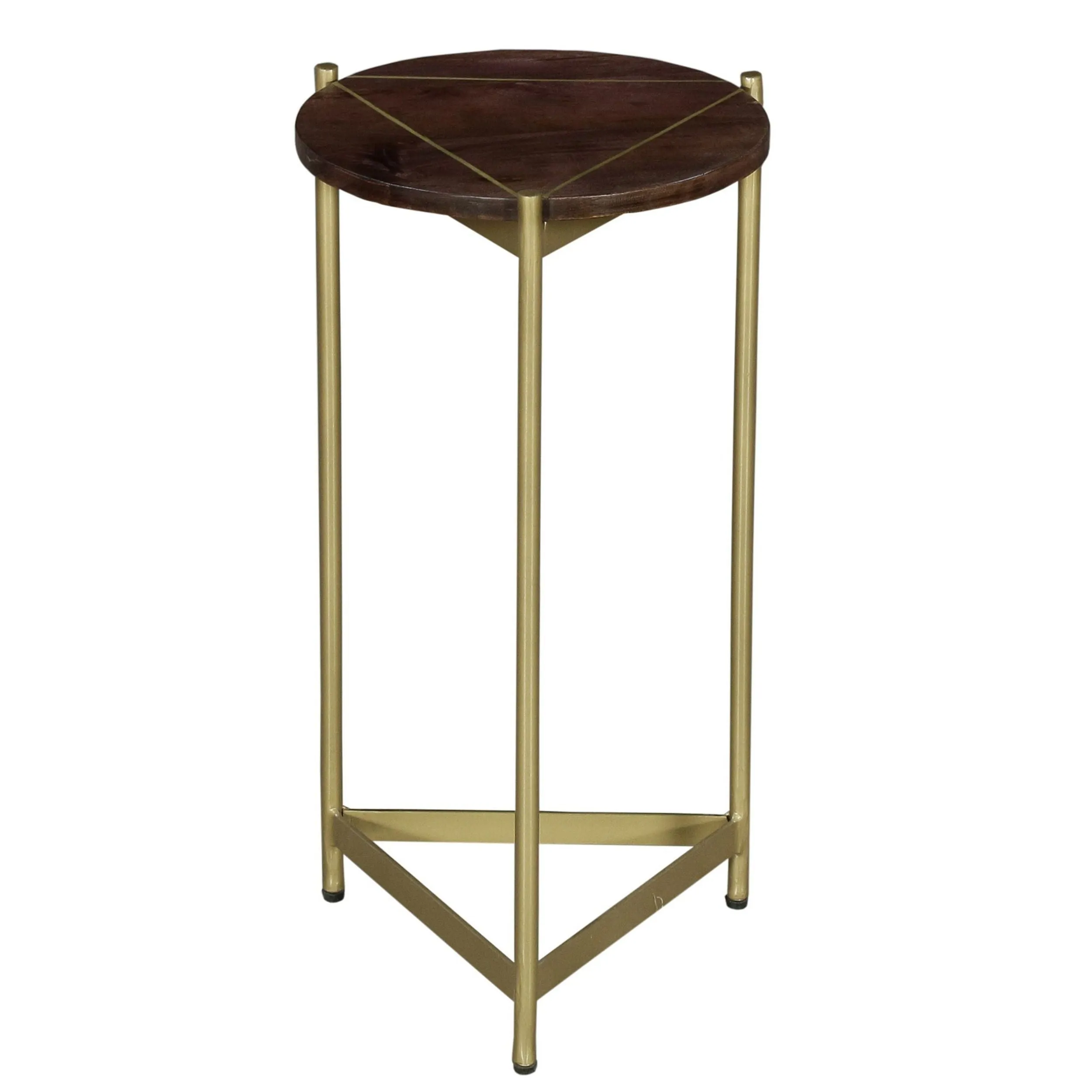 Brita 12 Inch Cocktail Accent Table, Round Wood Top, Triangular Gold Base, Brown, Brass