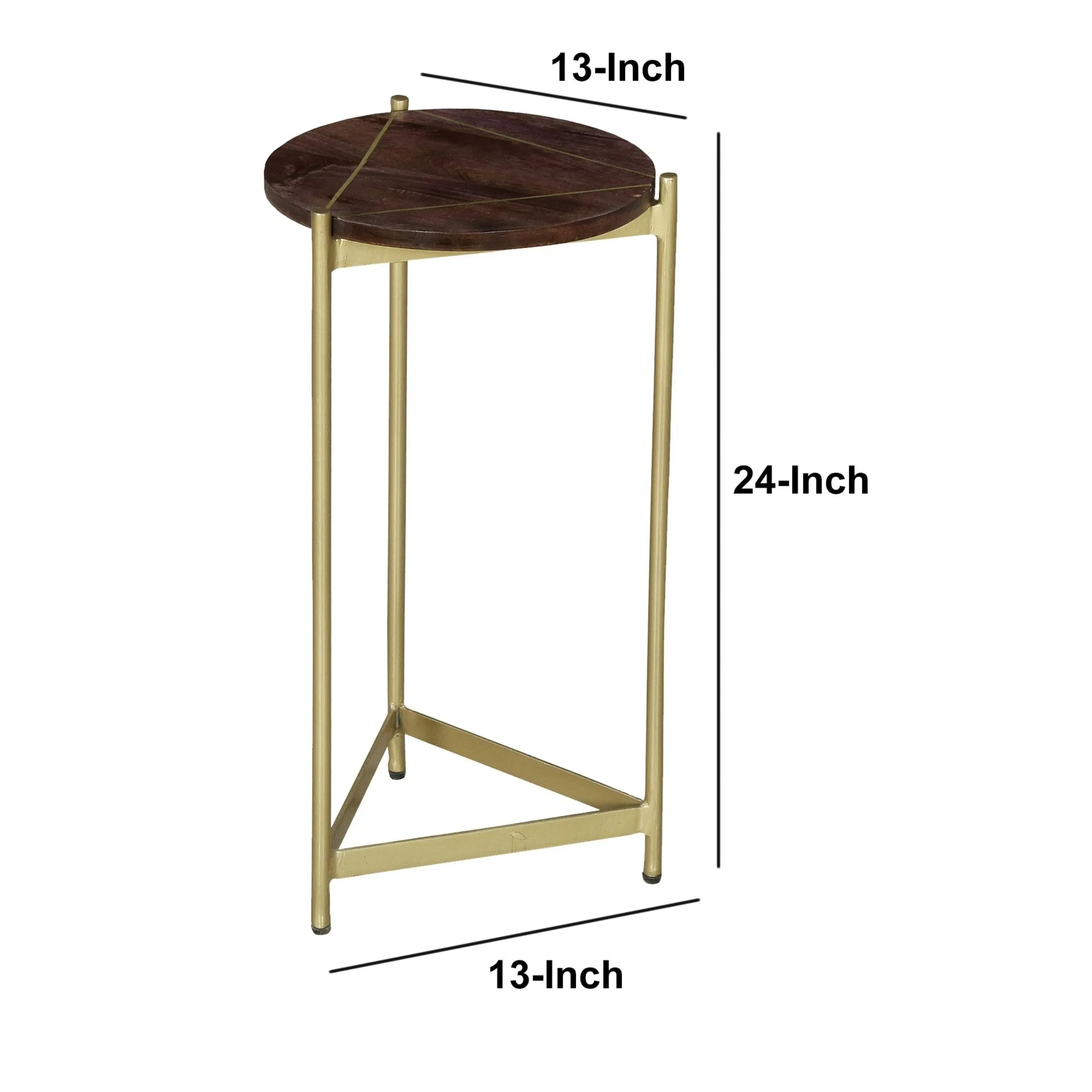 Brita 12 Inch Cocktail Accent Table, Round Wood Top, Triangular Gold Base, Brown, Brass