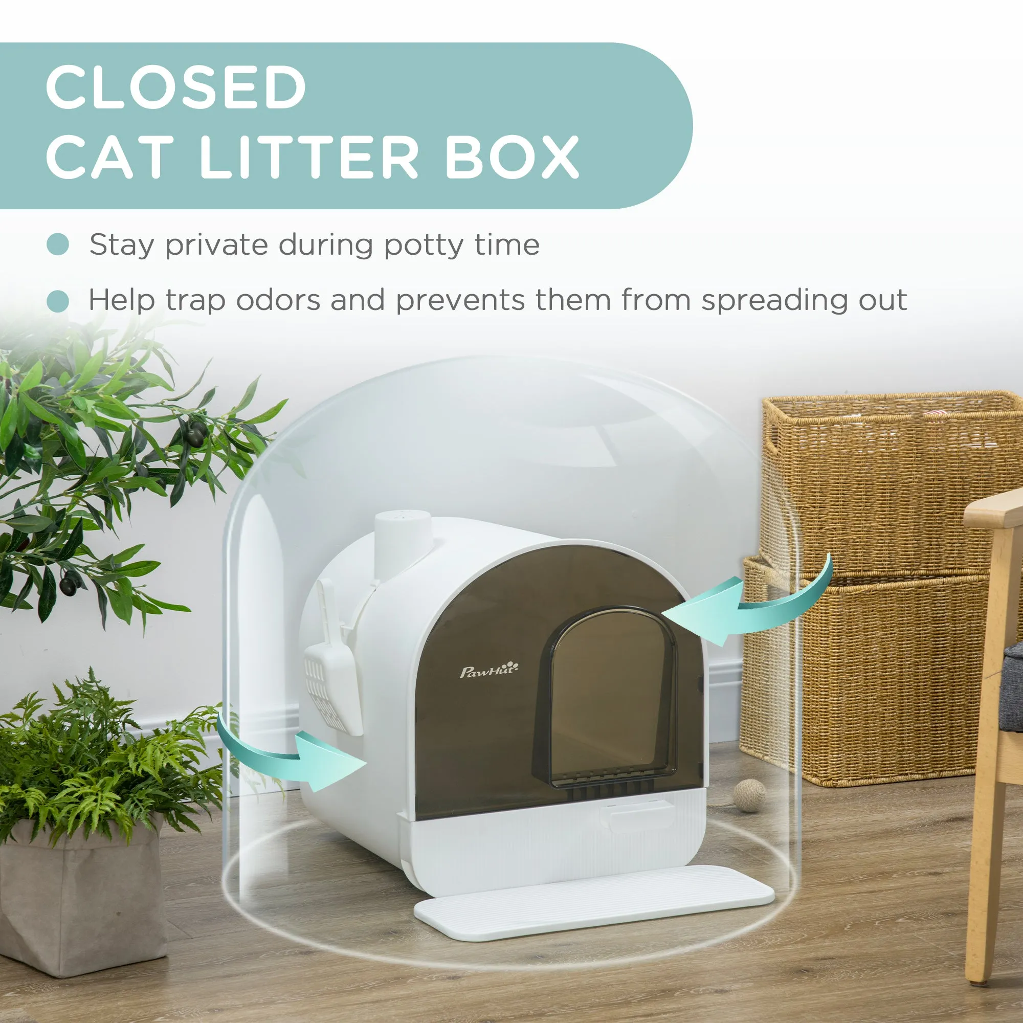 Cat Litter Box Kitten Litter Tray w/ Hood, Scoop, Filter, Flap Door, 43 x 44 x 47cm - White