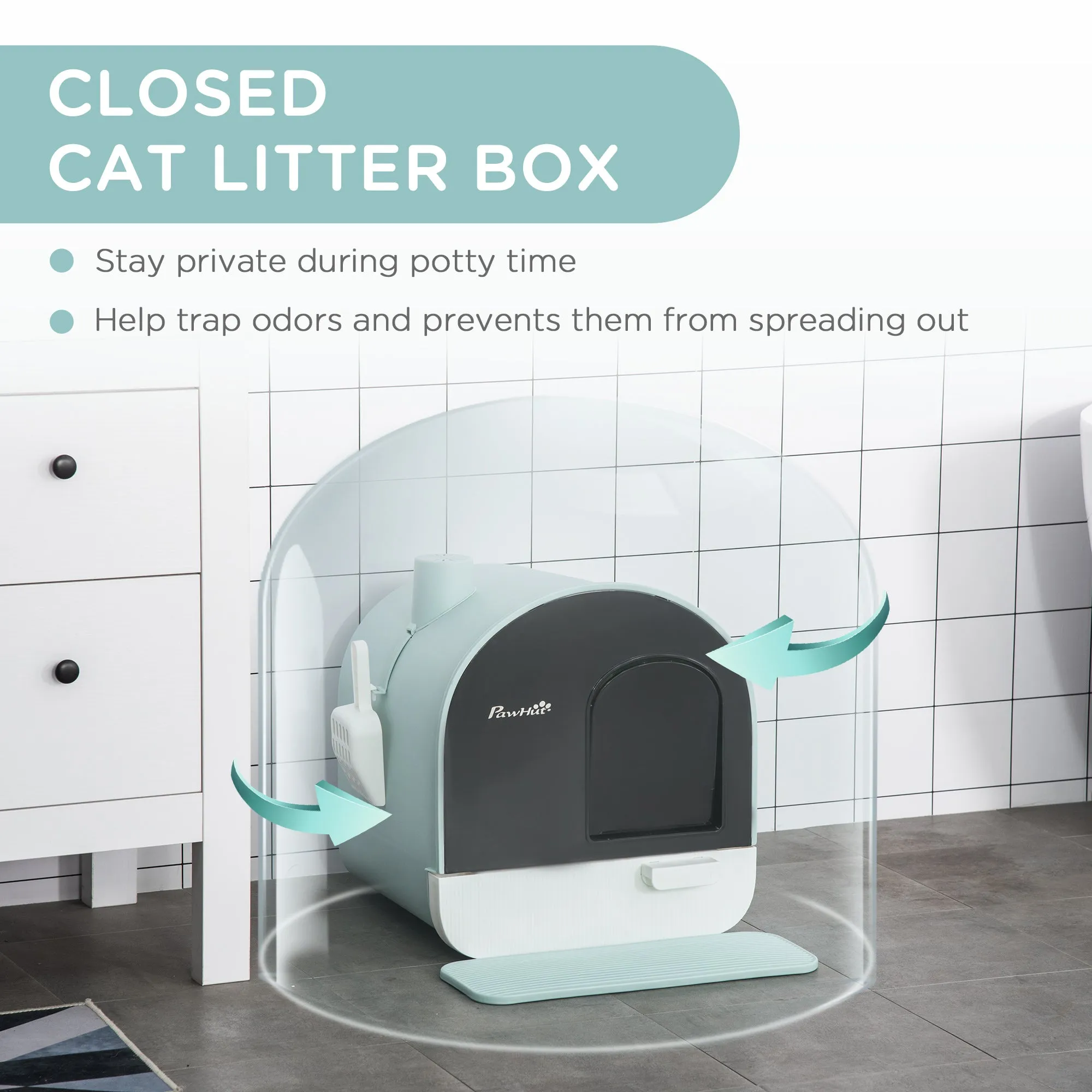 Cat Litter Box Kitten Litter Tray with Hood Scoop Filter Flap Door, 43x44x47 cm, Green