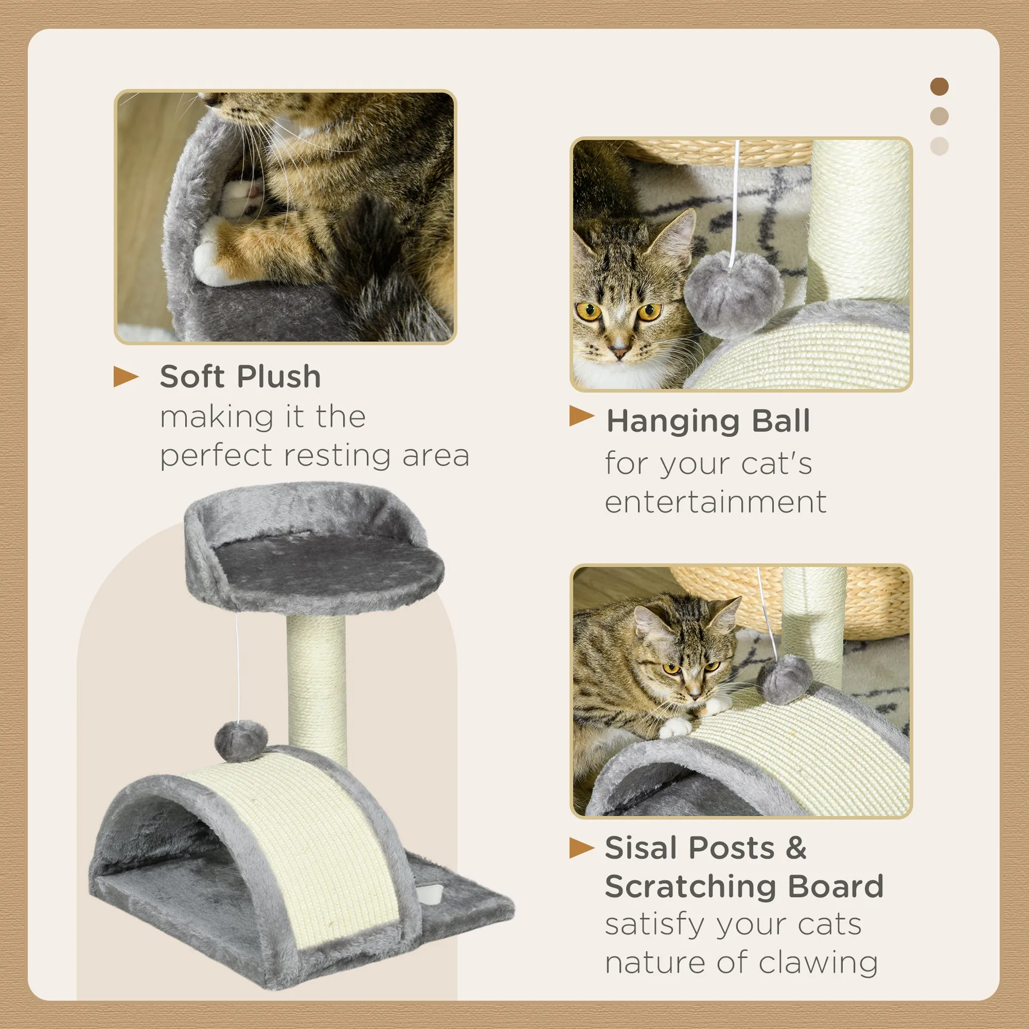 Cat Scratching Post, Cat Tree Scratching Kitten Activity Centre Climber Hanging Ball, Scratch Post for Indoor Cats, Grey