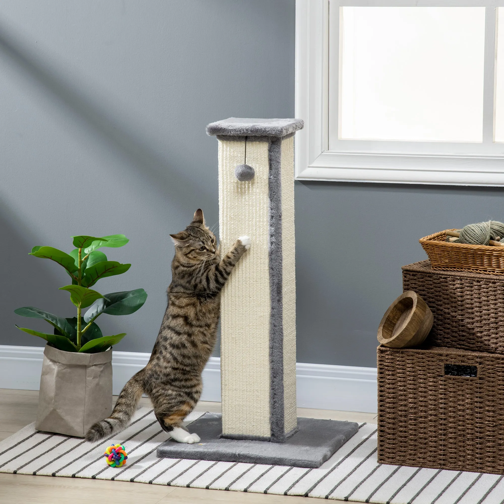 Cat Scratching Post for Indoor Cats, 81cm Cat Scratcher, Vertical Full Scratcher with Natural Sisal Rope, Hanging Ball and Soft Plush, Grey