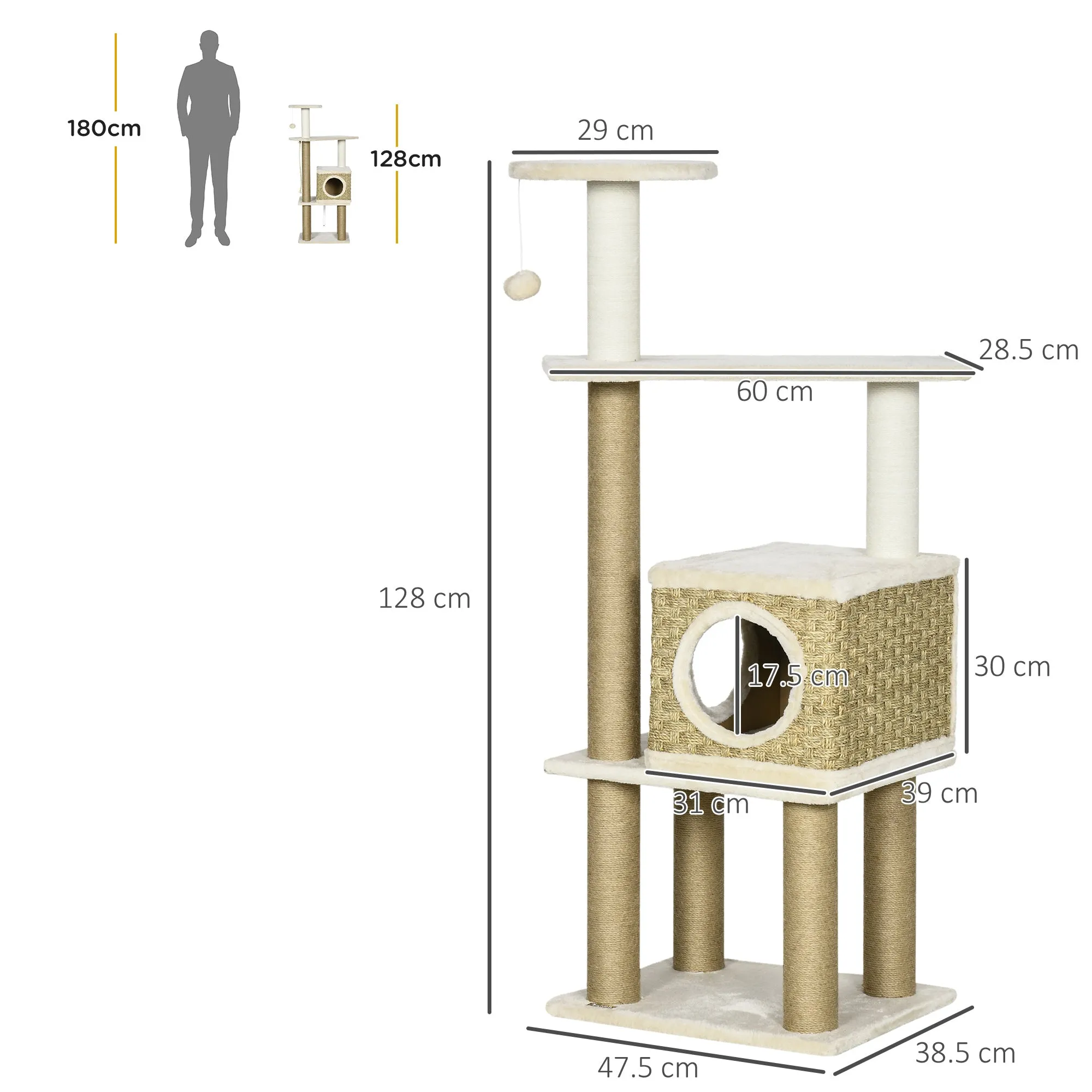 Cat Tree Climbing Kitten Tower Activity Centre for Indoor Cats w/ Jute Scratching Post, Cat House, Kitten Stand, Hanging Toy Ball - Beige