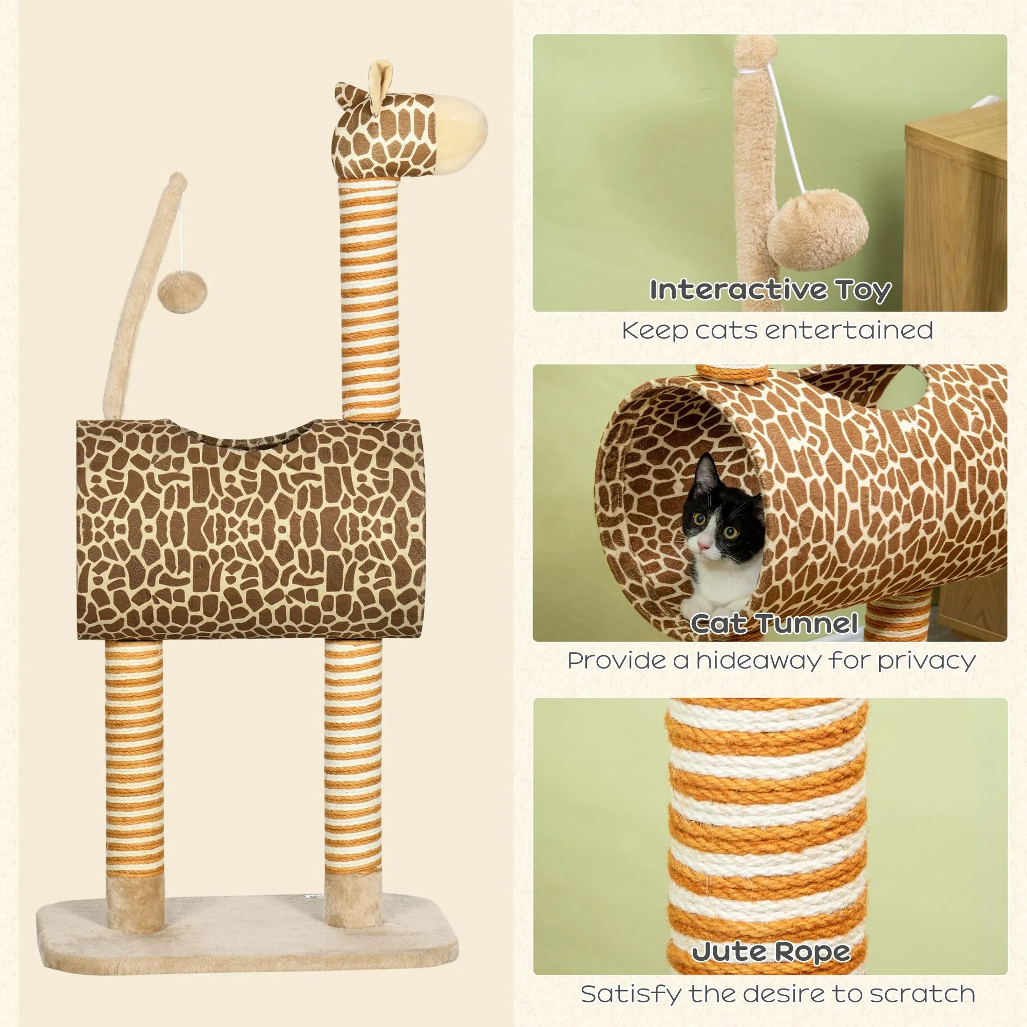 Cat Tree for Indoor Cats Cute Giraffe Kitten Play Tower w/ Scratching Posts, Tunnel, Toy Ball, 48.5 x 34.5 x 101cm - Beige