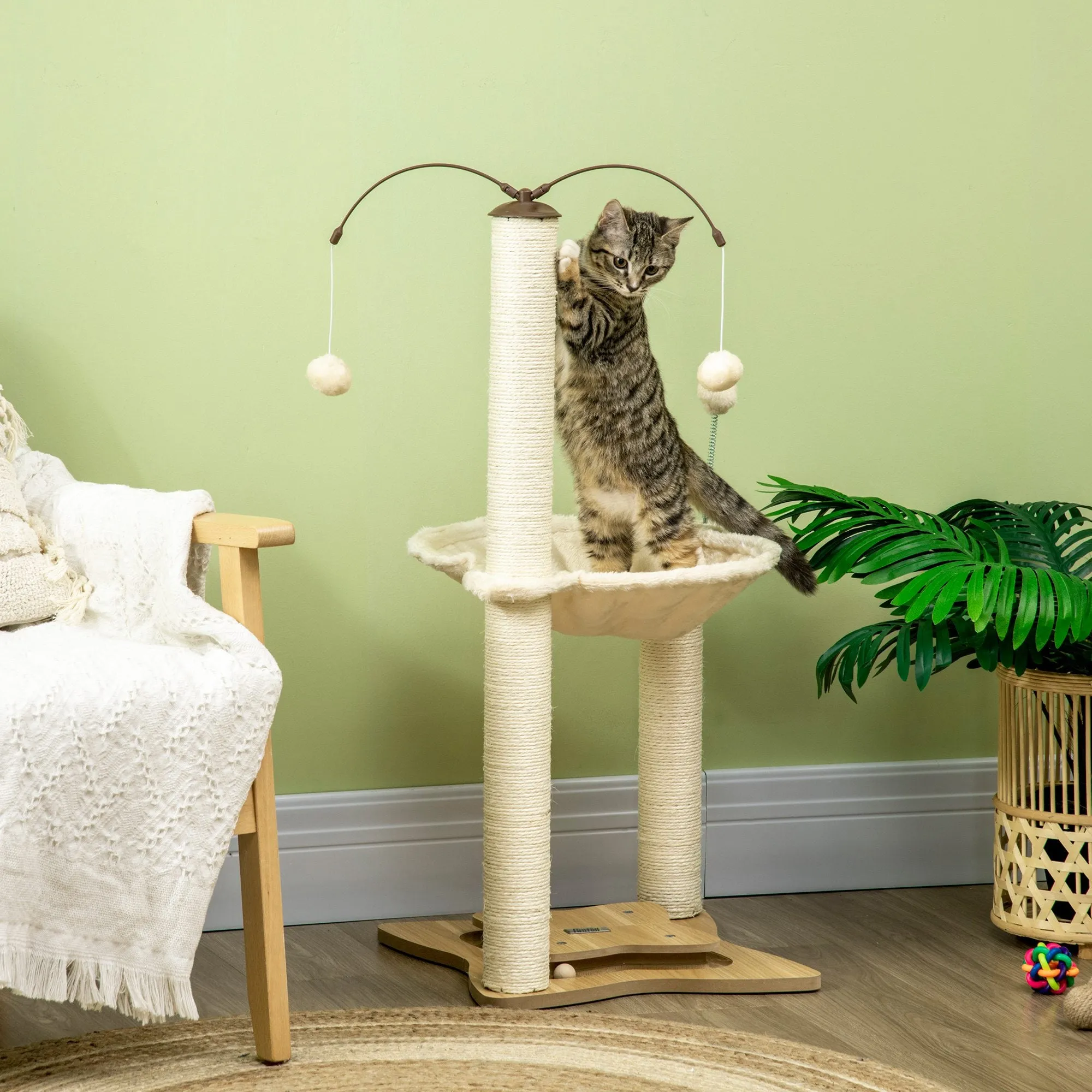 Cat Tree for Indoor Cats Kitten Play Tower with Sisal Scratching Posts Hammock Ball Toy, Beige, 53.5x53.5x90 cm