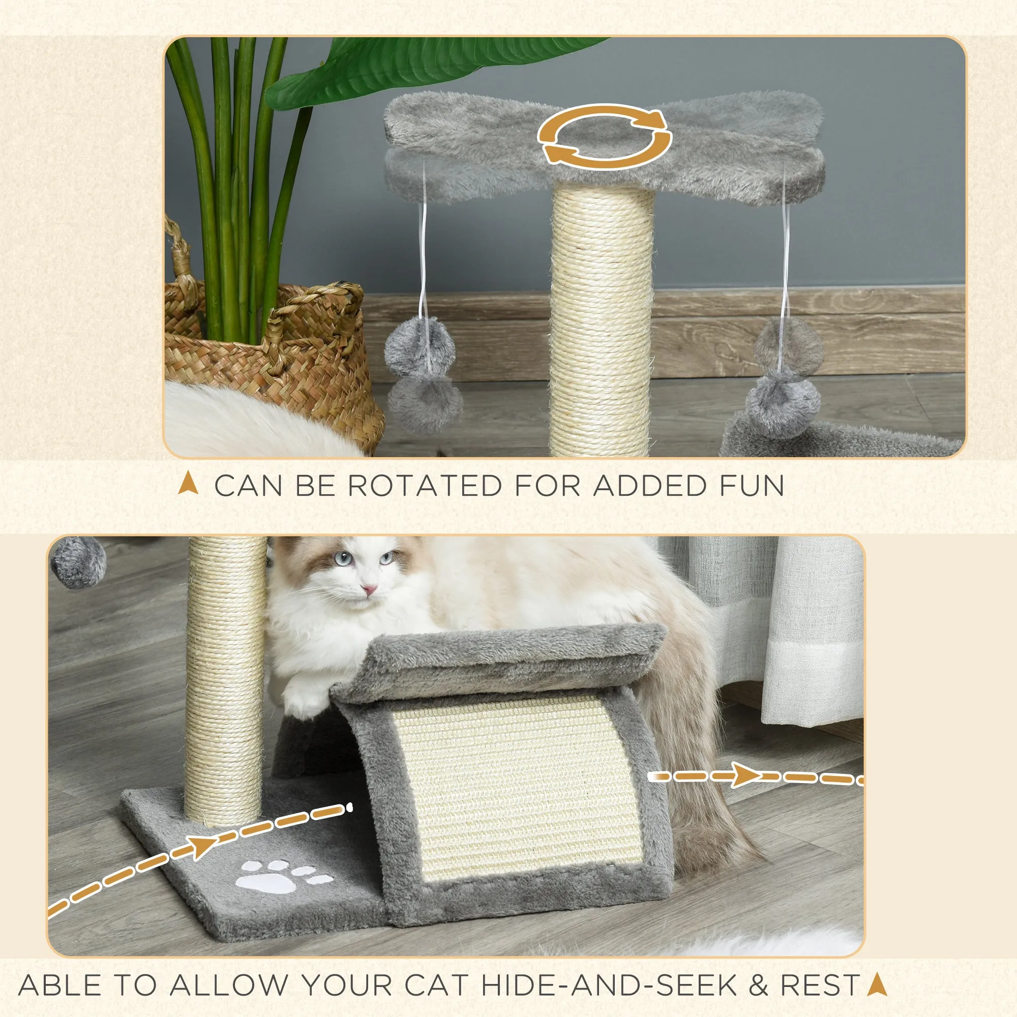 Cat Tree for Indoor Cats Scratching Post Kitten Scratcher Kitty Activity Play Center Sisal Rotatable Top Bar Tunnel Dangling Ball Grey