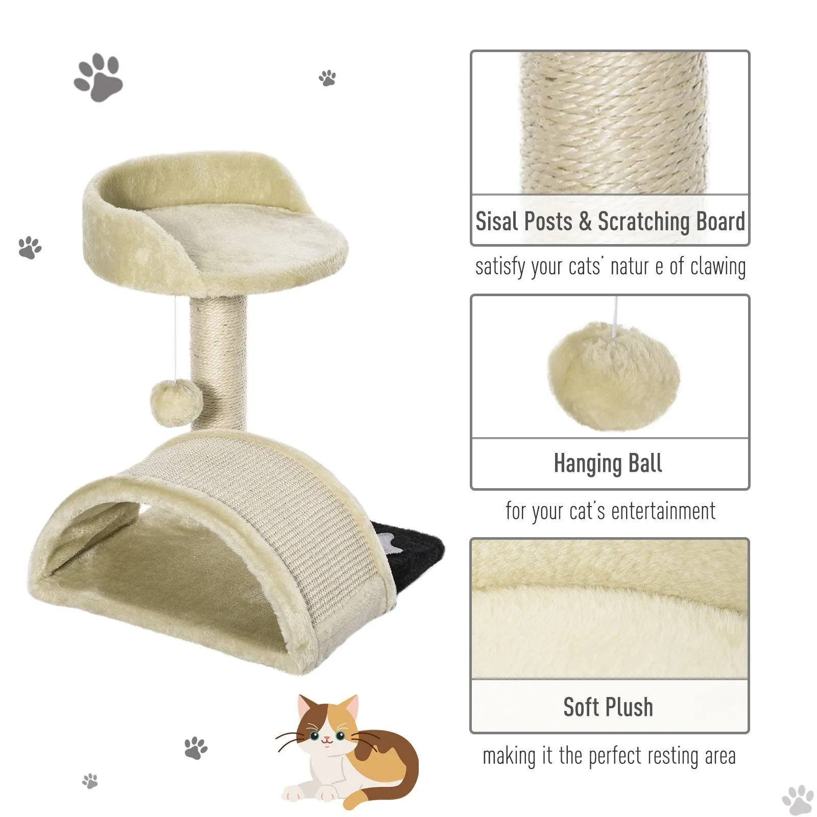 Cat Tree Scratching Scratcher Post Kitten Activity Centre Climber Hanging Ball Beige